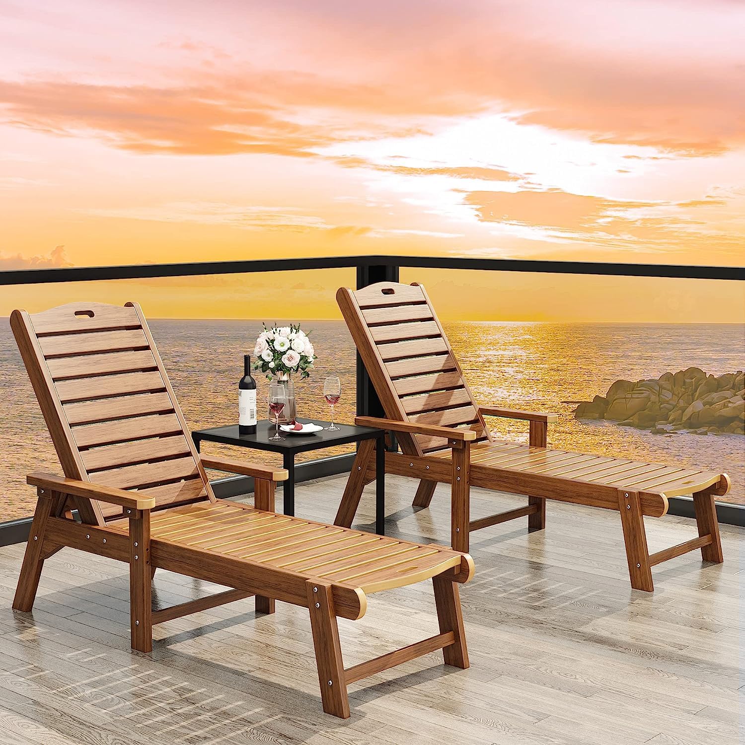 YITAHOME 2-Pack Outdoor Chaise Lounge Chairs with Adjustable Backrest - Heavy Duty Resin Patio Loungers with Wide Armrests (350lbs Capacity) - Waterproof Teak Design for Poolside, Beach, Backyard & Garden Relaxation