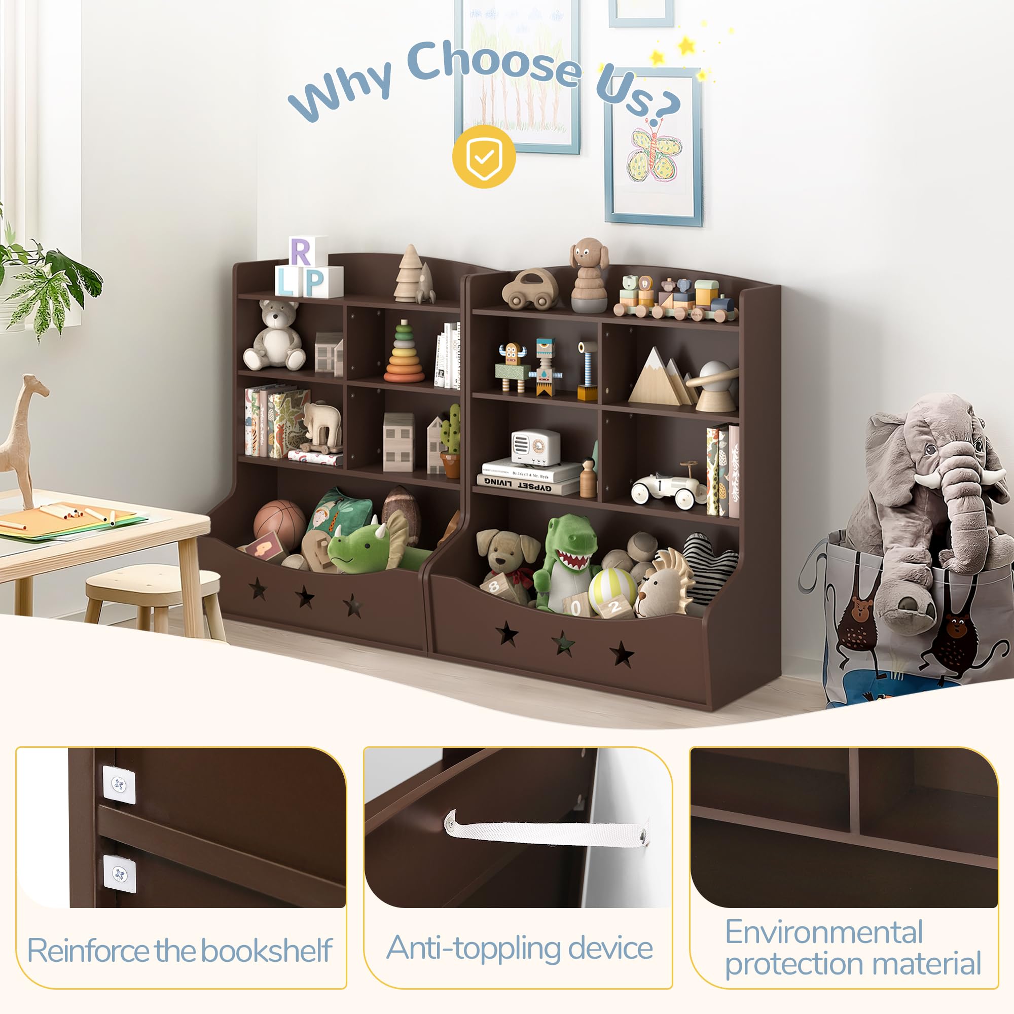 Wooden Kids Bookshelf - 3.5 Tier Bookcase with 5 Cube Storage Units & Star Pattern Design | Nursery, Bedroom, Playroom Organizer for Toys & Books | Durable Toy Storage Cabinet for Children's Rooms (Brown)
