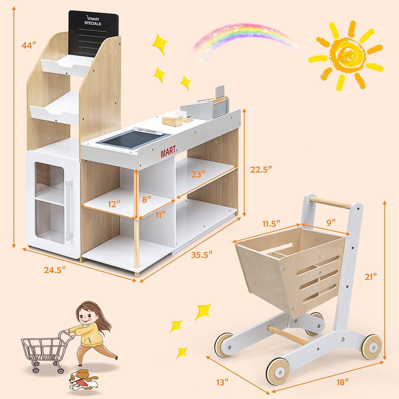 GLACER Wooden Kids Grocery Store Pretend Play Set with Cash Register, Shopping Cart, Blackboard & Play Coins - Educational Toy for Toddlers 3+ Years - Perfect Gift for Boys & Girls - Pretend Shopping Game for Preschool Learning & Role Play Fun