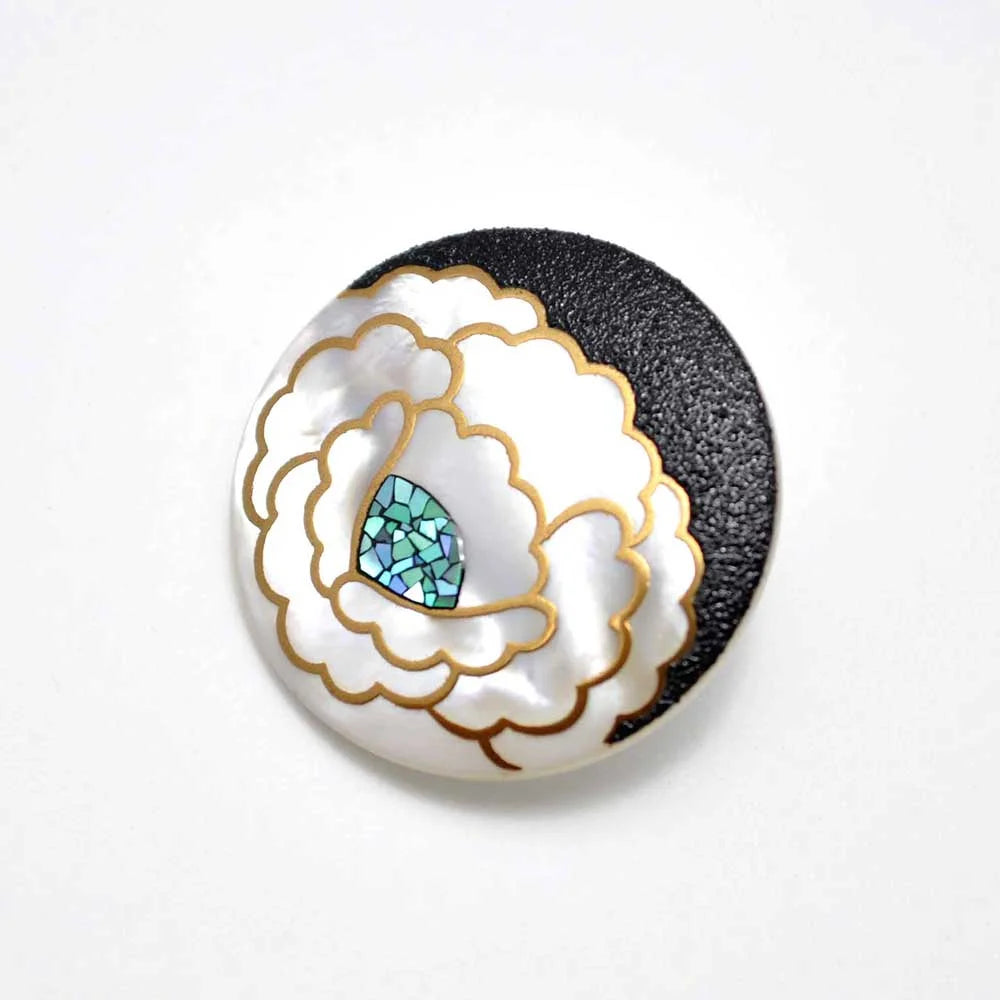Exquisite Maki-e Urushi Lacquer Brooch with White South Sea Pearl Shell & Peony Design | Traditional Japanese Lacquer Jewelry | Perfect for Formal Occasions, Weddings & Cultural Events