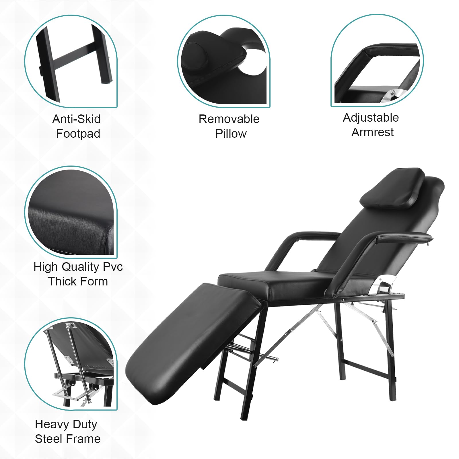 Portable Foldable Tattoo Chair with Storage Bag - Adjustable Massage Bed 73 Inch for Tattoo Salon, Beauty Spa & Facial Treatments - Removable Headrest & Armrest - Easy to Carry & Store - Perfect for Professional Tattoo Artists, Estheticians & Mobile Beauty Services
