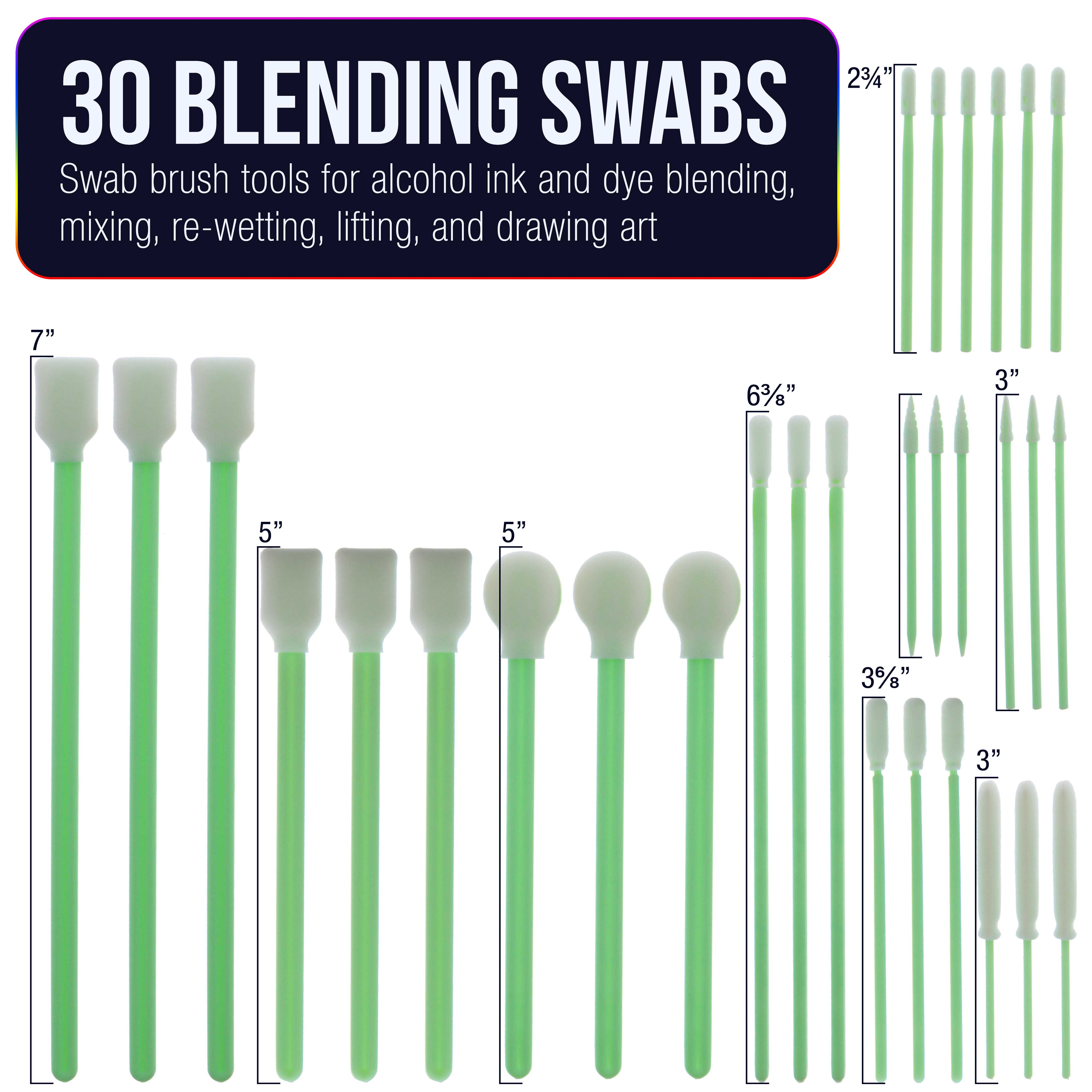 30 Alcohol Ink Blending Swabs - Foam Tip Brushes for Mixing, Blending & Lifting Ink, Dye & Paint - Assorted Shapes & Sizes - Perfect for Yupo Paper, DIY Art Projects & Fluid Painting Techniques