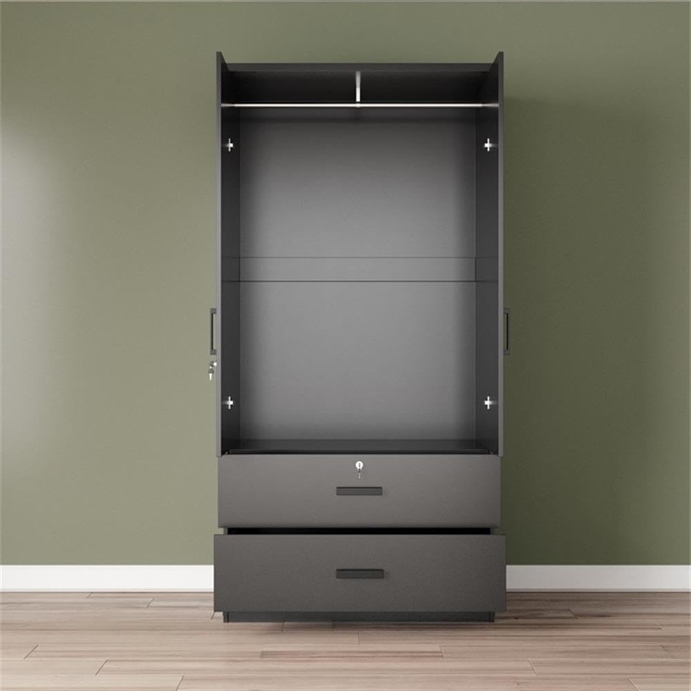 Better Home Products Grace Wood 2-Door Wardrobe Armoire with 2 Drawers - Black Wooden Closet for Bedroom Storage & Organization