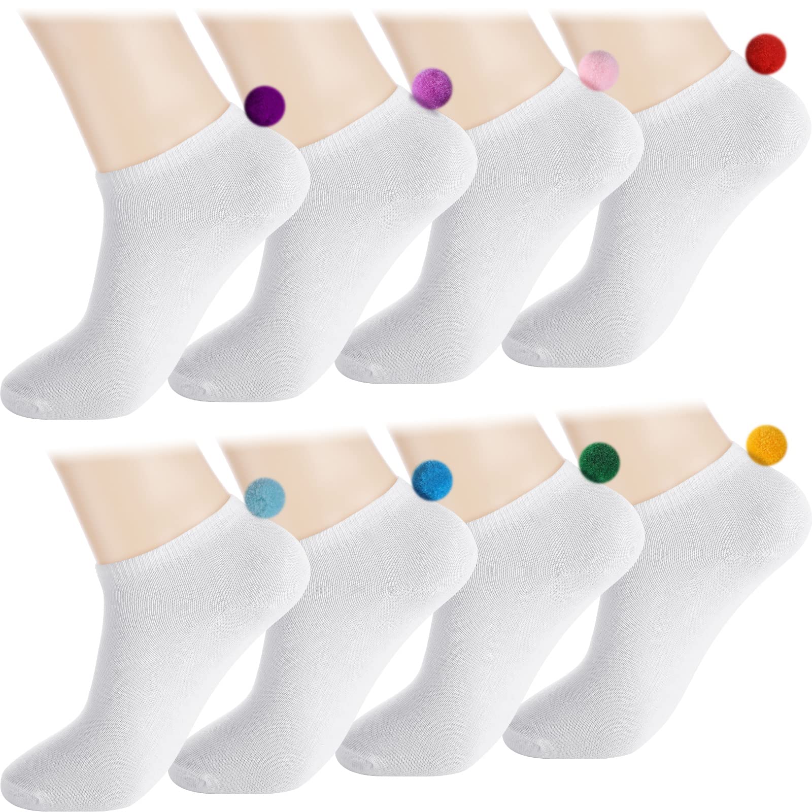Vicenpal 8 Pairs Women's Fluffy Pom Pom Ankle Socks with Cute Balls - Soft Seamless Cosplay Socks for Winter, Christmas Gifts & Kawaii Outfits