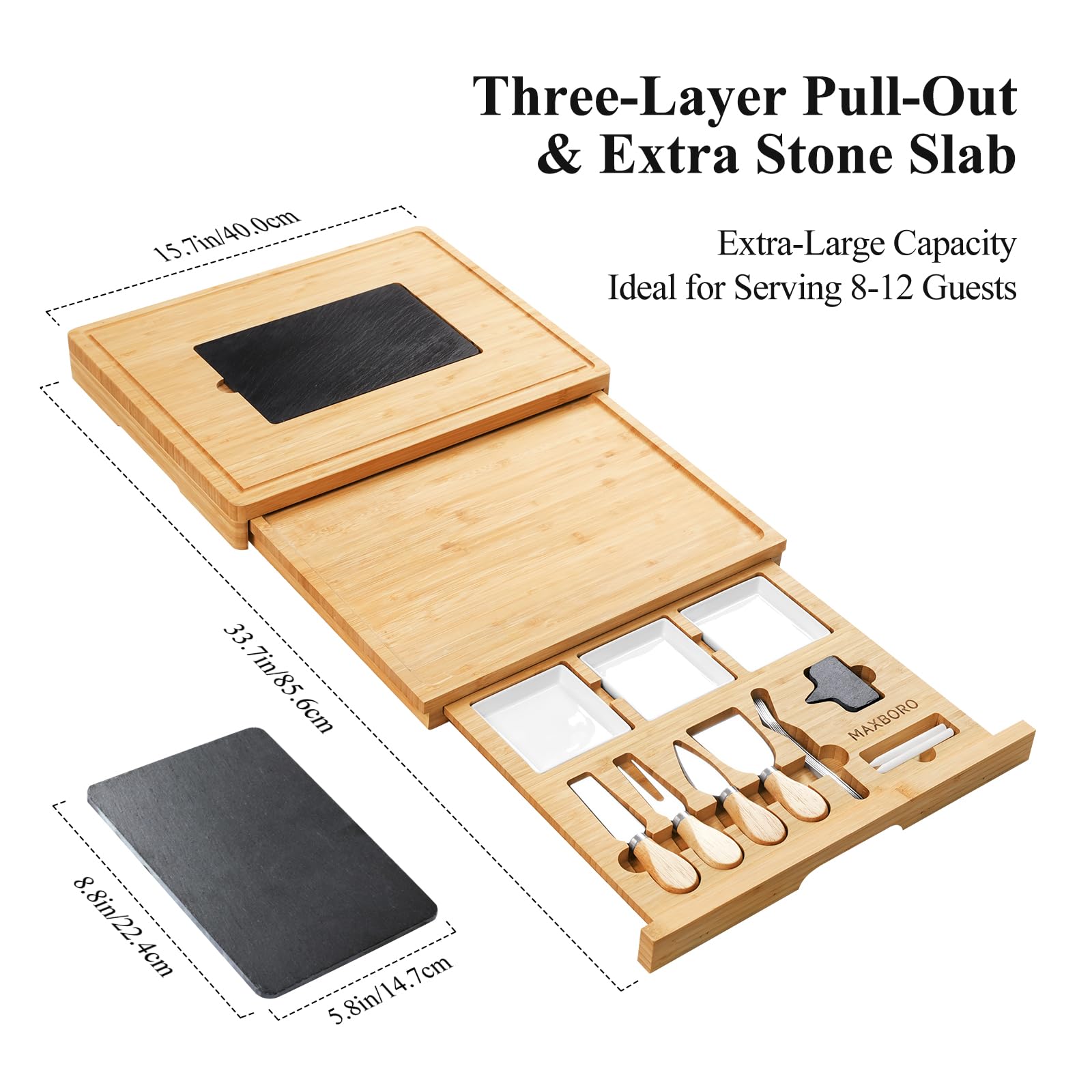 Extra Large 33.7x15.7 Inch Bamboo Charcuterie Board Set with Knives - 100% Natural Cheese Platter Tray for Entertaining - Perfect Housewarming Gift for Women & Mom - Ideal for Parties, Wine Nights & Charcuterie Displays