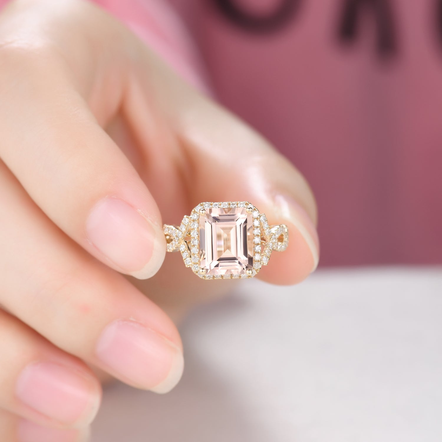 Vintage Emerald Cut Morganite Engagement Ring with Halo Diamond Split Shank Band - Elegant Wedding Jewelry for Brides, Anniversary Gifts & Proposal Scenes