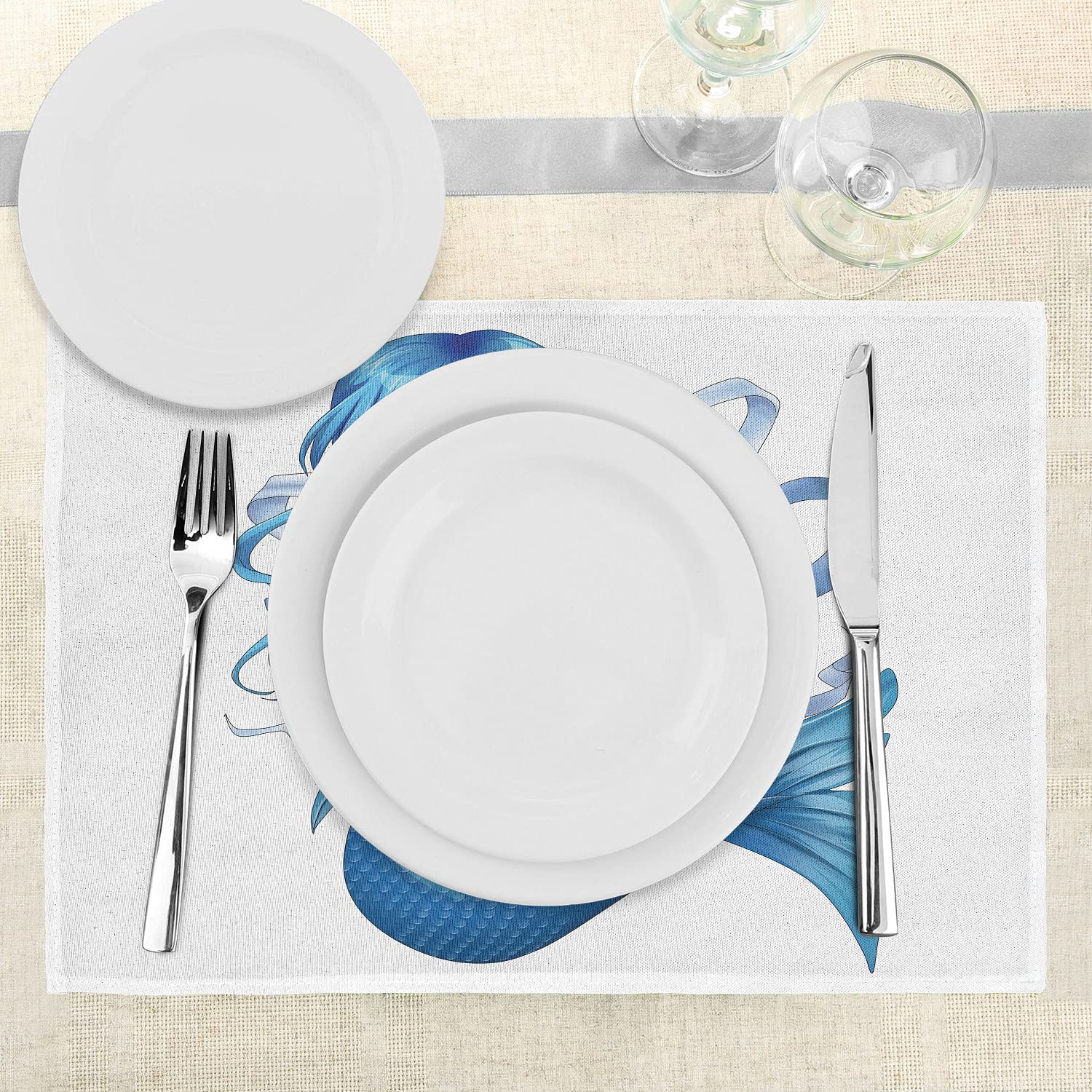 Ambesonne Anime Place Mats Set of 4 - Manga Cartoon Pisces Zodiac Themed Washable Fabric Placemats for Dining Table & Kitchen Decor (Blue & White) - Perfect for Anime Fans, Horoscope Lovers & Japanese Style Home Decor