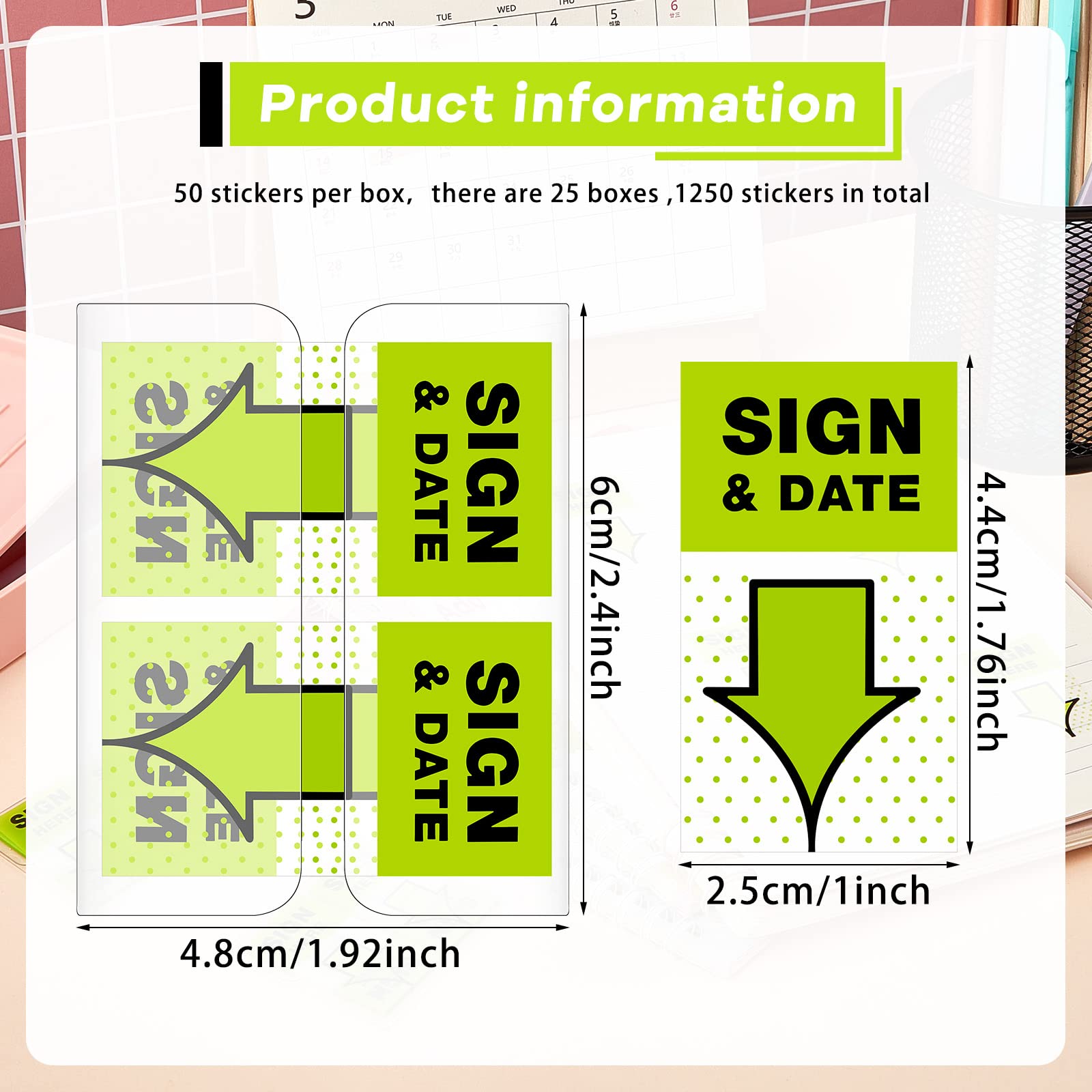 1250 Pcs Sign & Date Flags - 1 Inch Green Tabs for Office Notebooks & Books - Perfect for Annotating & Notary Use