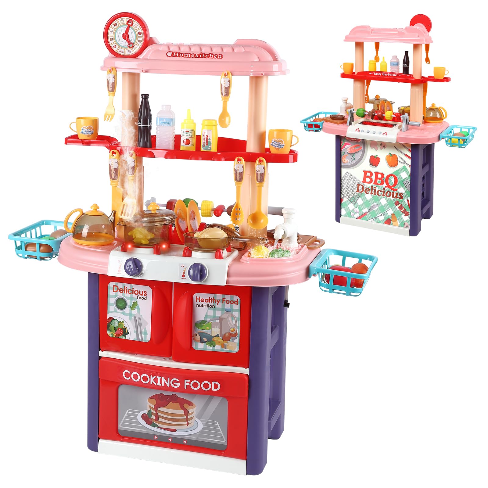 2-in-1 Kids Kitchen Playset with BBQ Grill - Pretend Play Kitchen Toy with Running Water, Steam, Lights & Sounds for Toddlers 3-5 Years | Perfect for Imaginative Play, Birthday Gifts & Preschool Learning Activities