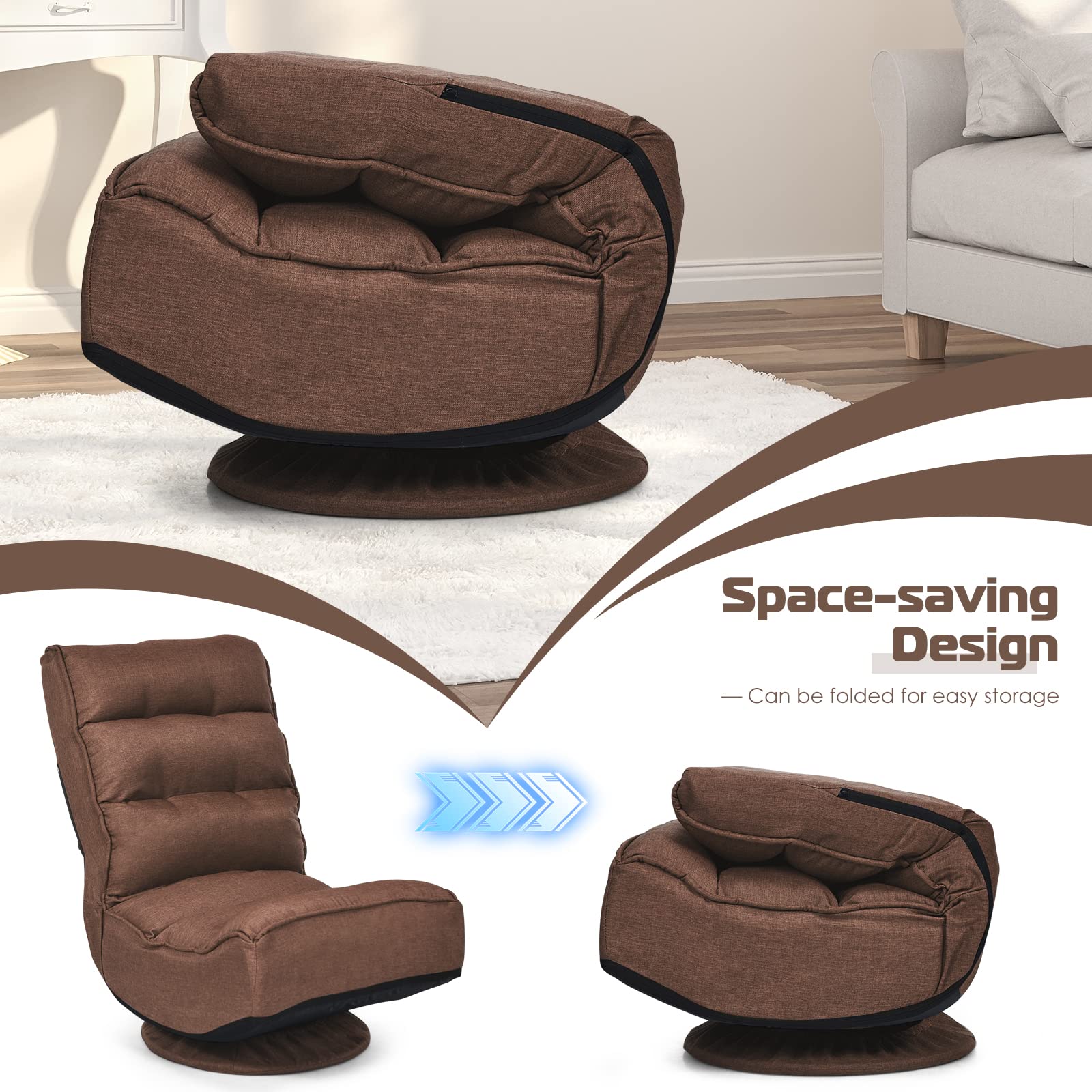 COSTWAY Folding Floor Chair - Adjustable 5-Position Gaming & Lounge Chair with 360° Swivel, Removable Cover & Padded Backrest - Multi-Purpose Seating for Living Room, TV Watching, Reading & Gaming - Perfect for Small Spaces, Dorm Rooms & Coffee Breaks