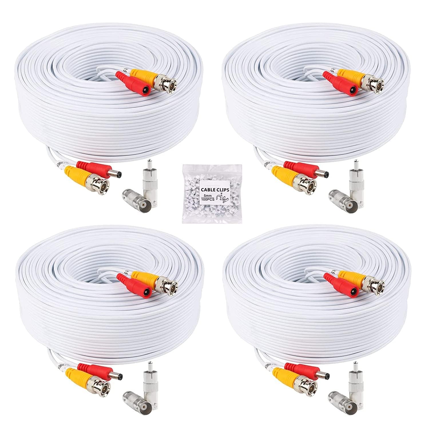 4 Pack 100ft/30M All-in-One BNC Video Power Cables for CCTV Security Camera System - 8 BNC Connectors & 100 Cable Clips Included - Perfect for DVR Installation & Surveillance Setup (Indoor/Outdoor Use)