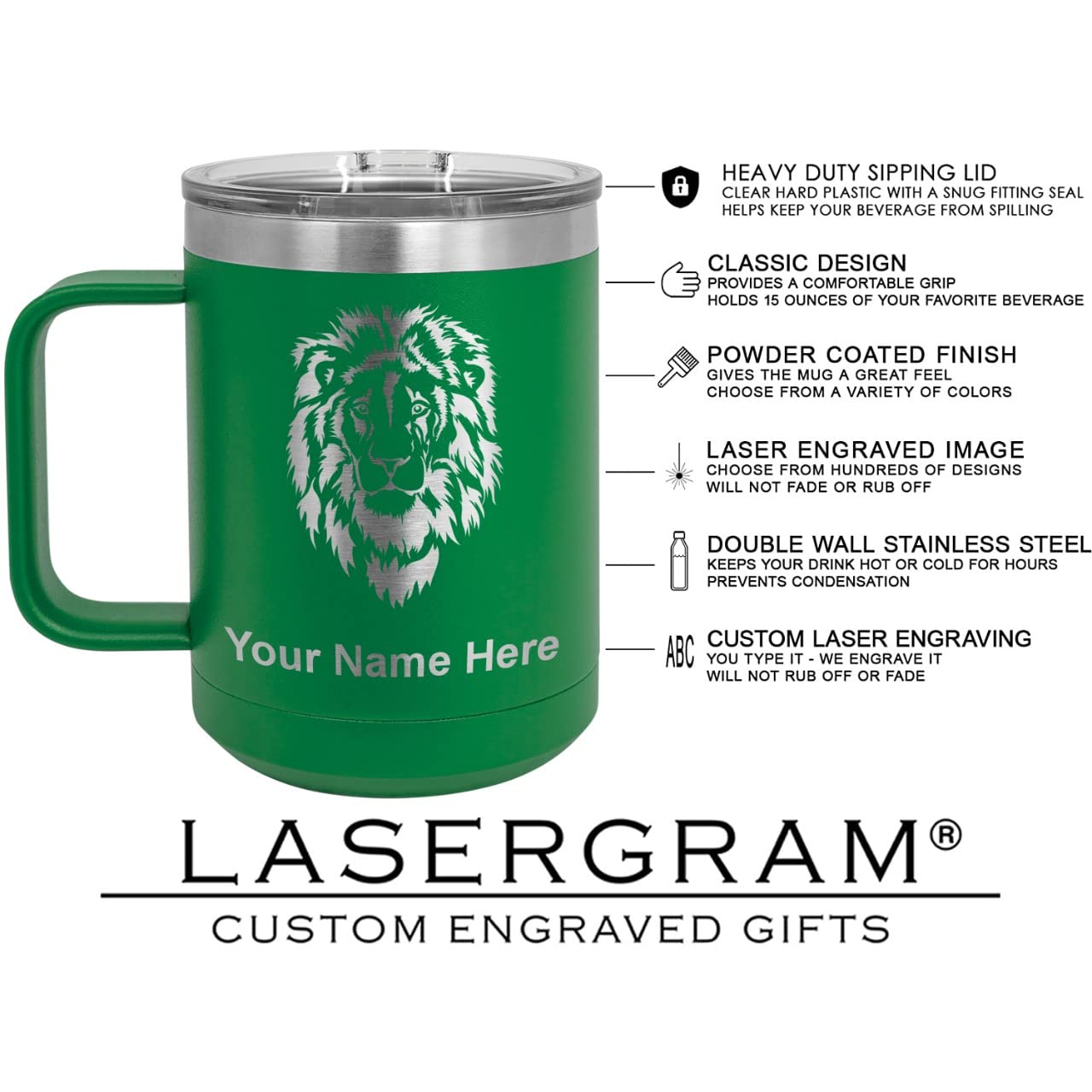 LaserGram 15oz Vacuum Insulated Stainless Steel Coffee Mug with Hawaiian Sea Turtle Design - Personalized Engraving Gift for Men Women - Keeps Drinks Hot Cold for Hours - Perfect for Office, Travel, Camping (Green)
