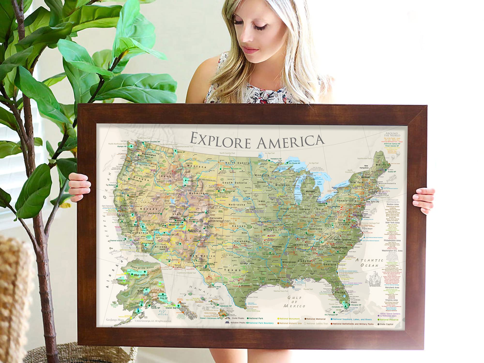 Custom National Parks Map with Pins - 63 US National Parks & 700+ Park Sites - Push Pin Travel Map for Wall Decor (Nautilus Edition) - Framed, Rolled Poster or Stretched Canvas - Includes 500 Pins - Perfect for Travel Enthusiasts & Home Office Decor