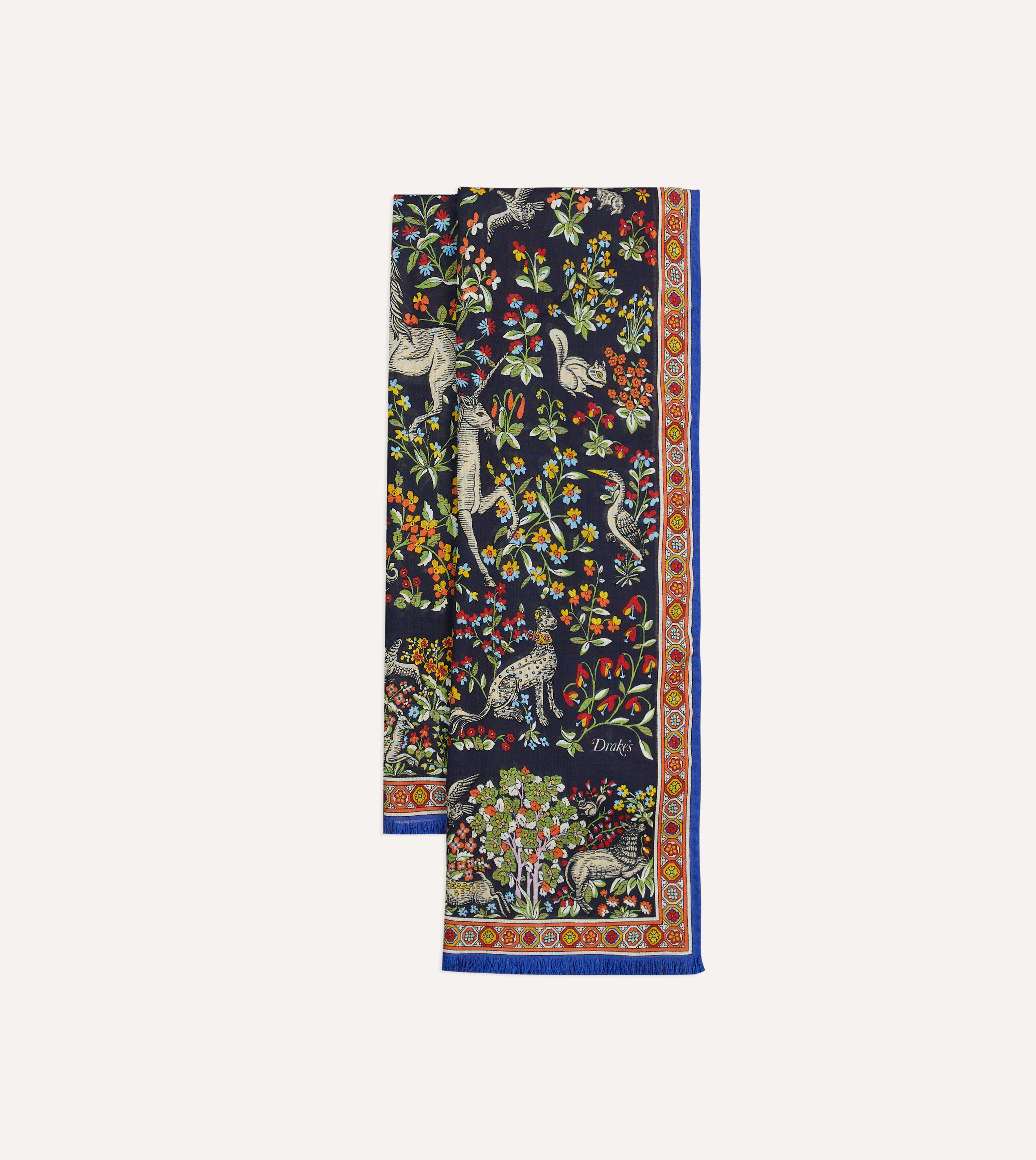 Navy Blue Forest Animals Print Wool Silk Scarf - Soft & Warm Winter Accessory for Women, Perfect for Outdoor Activities & Holiday Gifts