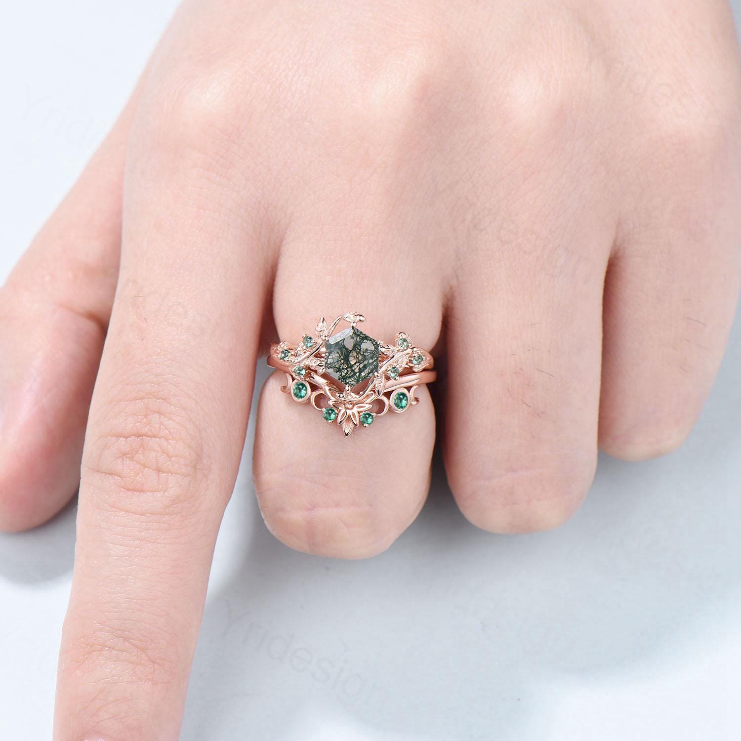 2pcs Hexagon Cut Moss Agate Ring Set - Elegant Green Agate Nature Inspired Engagement Ring, Emerald Stacking Band Bridal Set, Anniversary Gift for Women - Perfect for Weddings, Proposals, Valentine's Day & Everyday Boho Jewelry