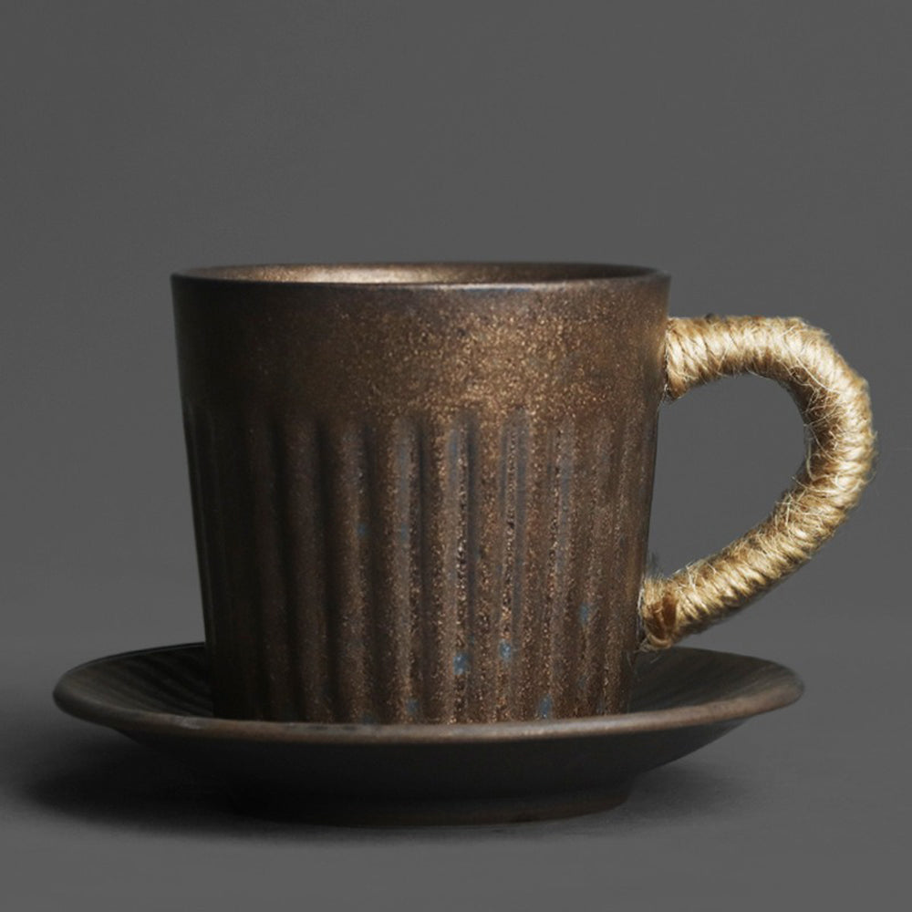 Handmade Black Gold Kiln Coarse Pottery Cup and Saucer Set - Ceramic Tea Cup for Coffee, Tea, or Espresso - Perfect for Home, Office, or Gift Giving