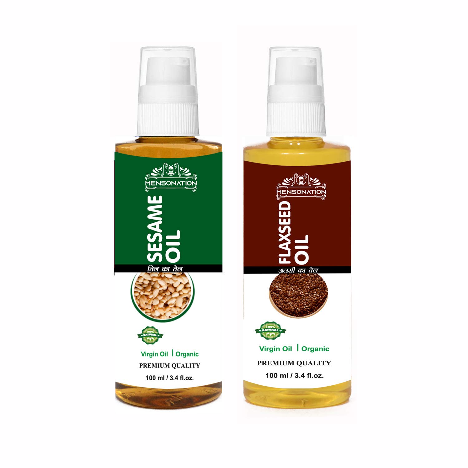 **Mensonation Hair Growth Oil Combo - 100ml Sesame Oil & Flaxseed Oil for Stronger, Shinier Hair & Healthy Skin | Natural Hair Care for Dry Scalp, Split Ends & Frizz Control | Perfect for Daily Hair & Scalp Massage**