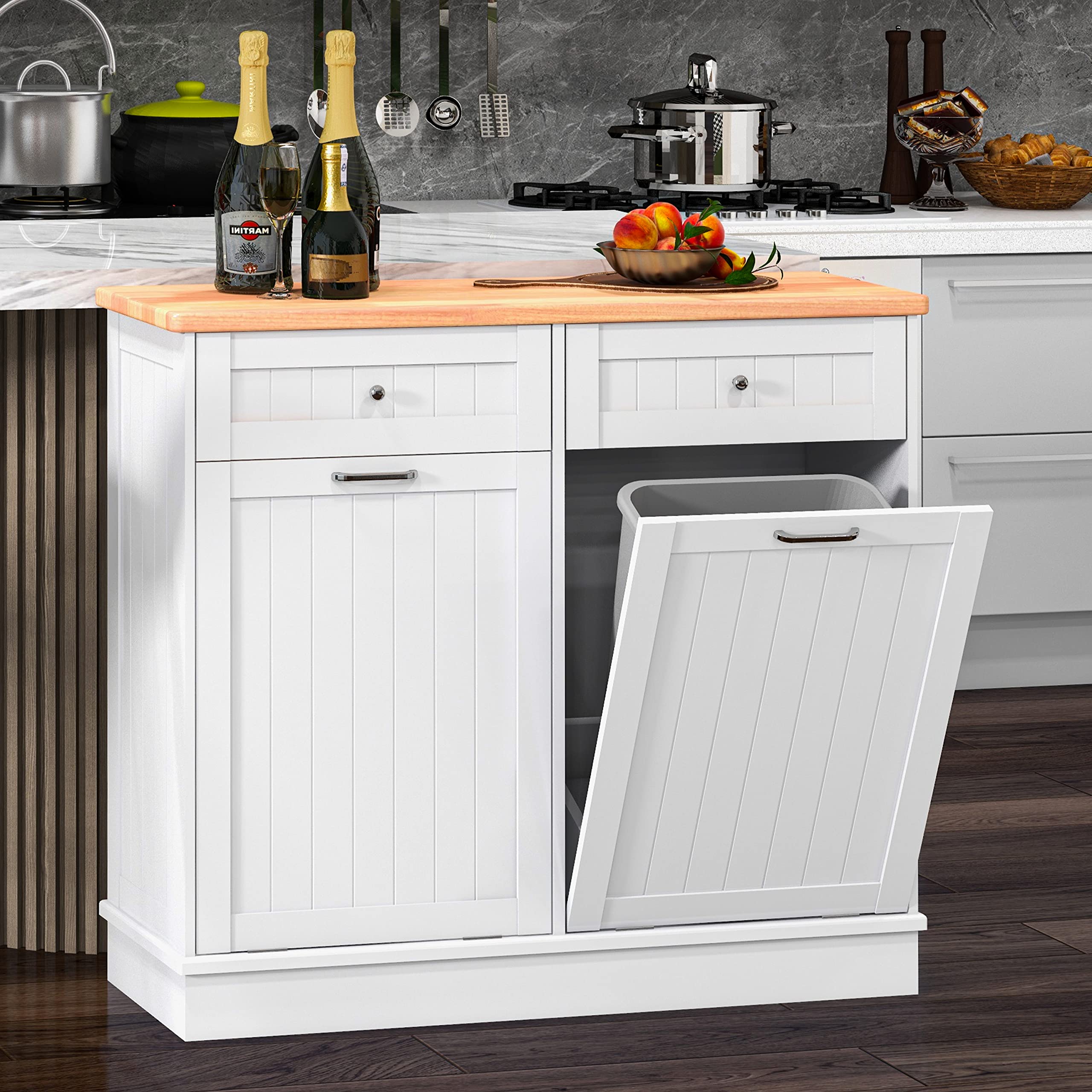 10 Gallon Double Tilt Out Trash Cabinet - Free Standing Recycling Bin for Kitchen, Living Room & Dining Room - Farmhouse Style White Trash Can with Storage - Perfect for Waste Sorting & Home Organization