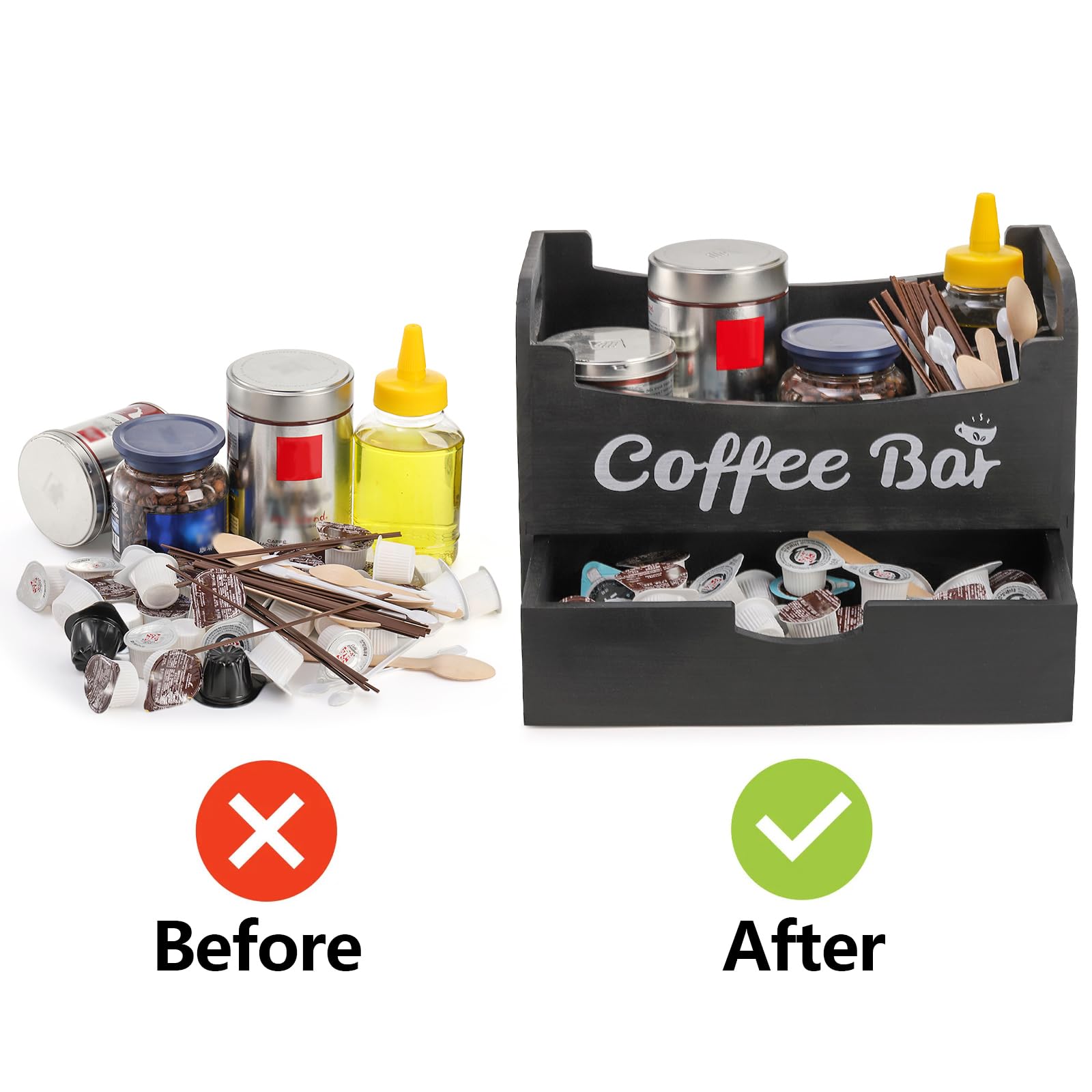 Dicunoy Wooden Coffee Bar Organizer with Drawer & Pod Holder - Black Kitchen Countertop Organizer for Coffee, Tea & Condiments - Perfect for Office Breakroom & Home Coffee Station