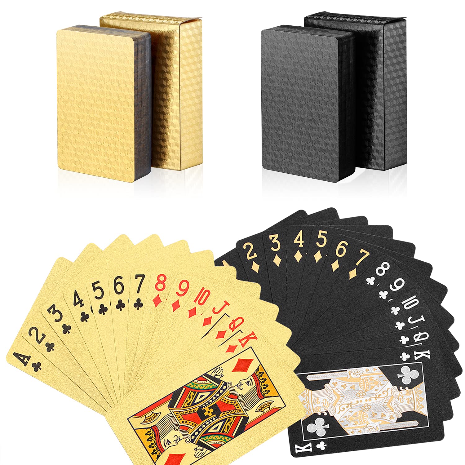 24K Gold Diamond Foil Poker Cards - 2 Decks Waterproof Plastic Playing Cards with Gift Box | Premium Casino & Family Game Night Accessories | Perfect for Poker, Blackjack, and Party Games (Cool Gold & Black Rhombus Design)