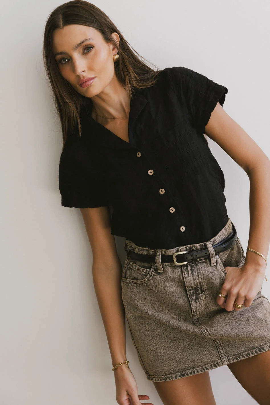 Berenice Textured Button-Up Shirt for Women - Black | Casual & Office Wear | FINAL SALE