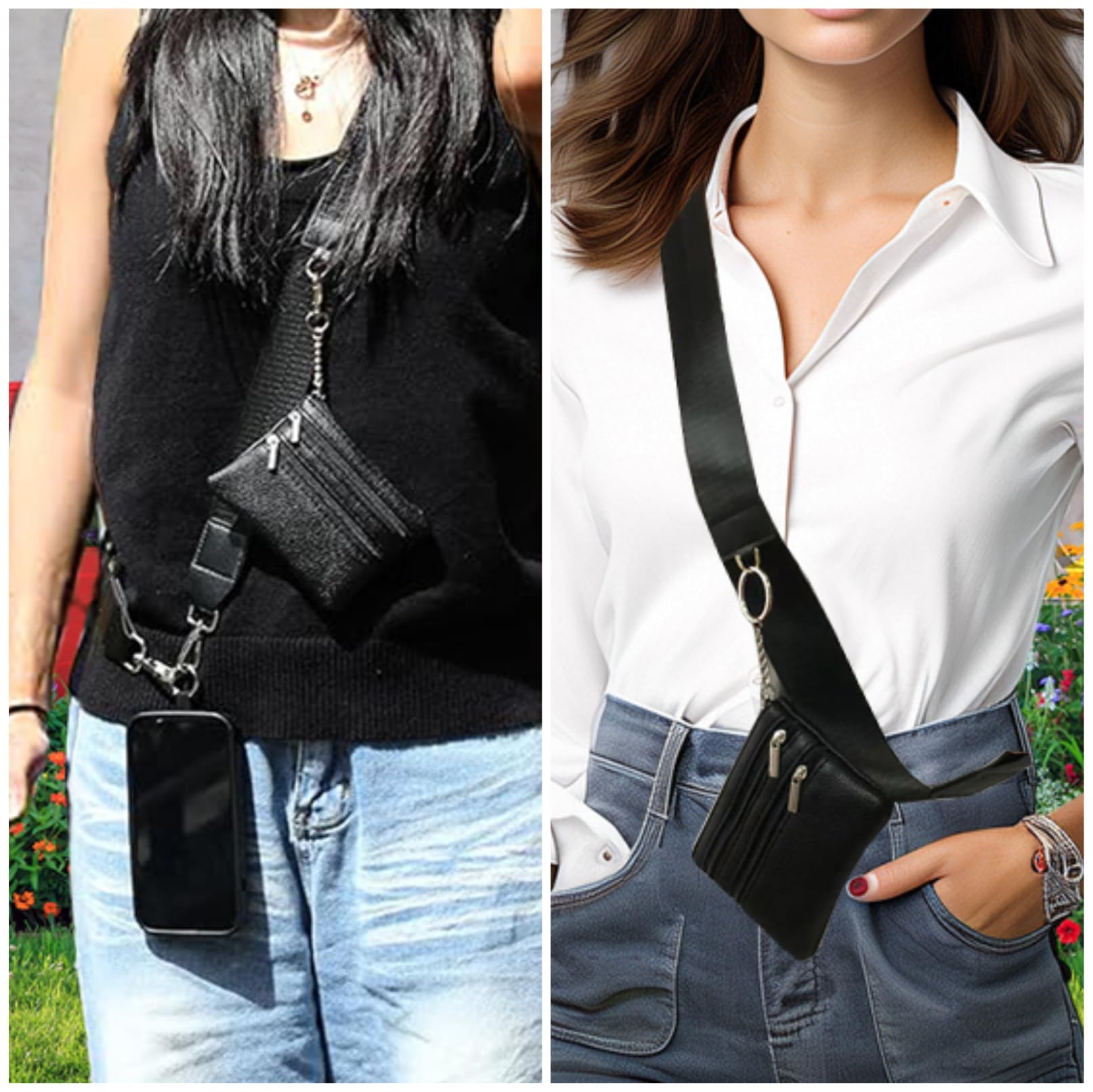Adjustable Phone Strap with Zippered Pouch & Leather Wallet - Crossbody Lanyard for All Smartphones (Black) - Perfect for Hands-Free Shopping, Travel & Daily Commute