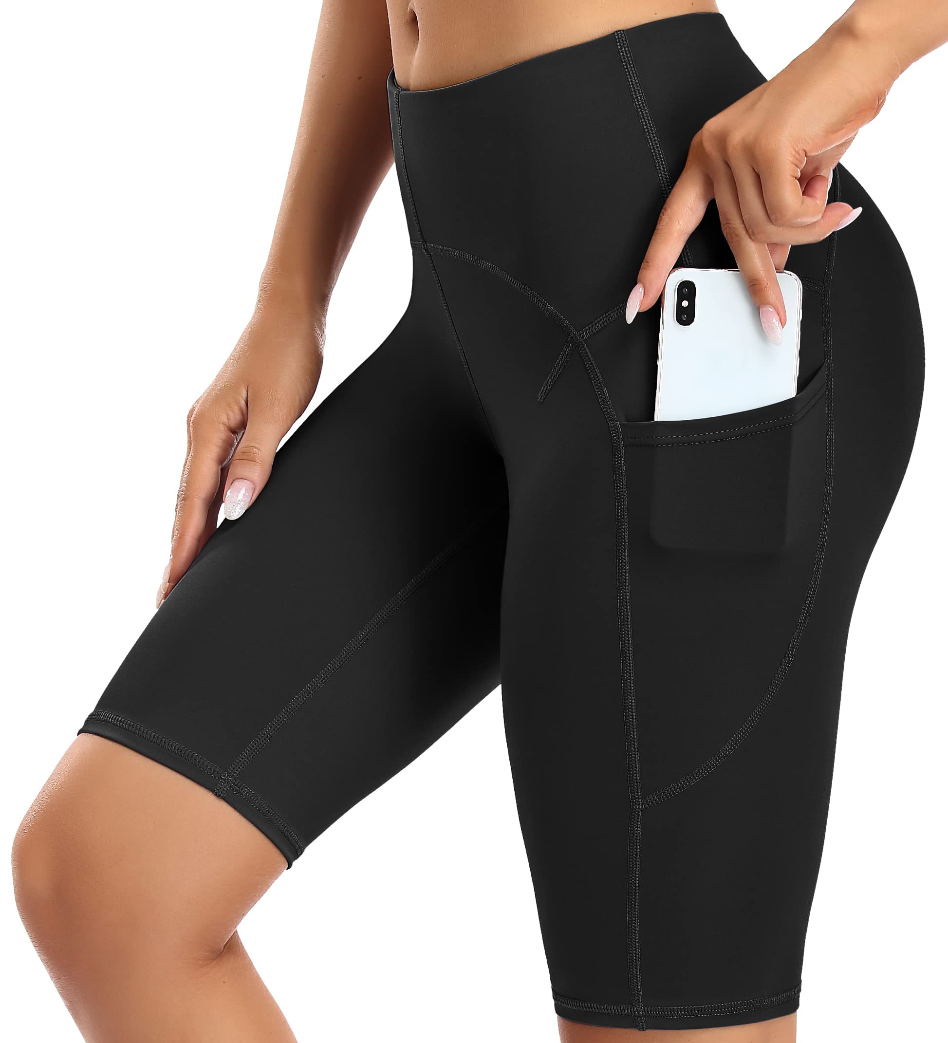 ATTRACO Women's High-Waist Knee-Length Biker Shorts with Pockets - Yoga, Running, Gym & Workout Shorts for Summer - Perfect for Cycling, Pilates and Lounge Wear