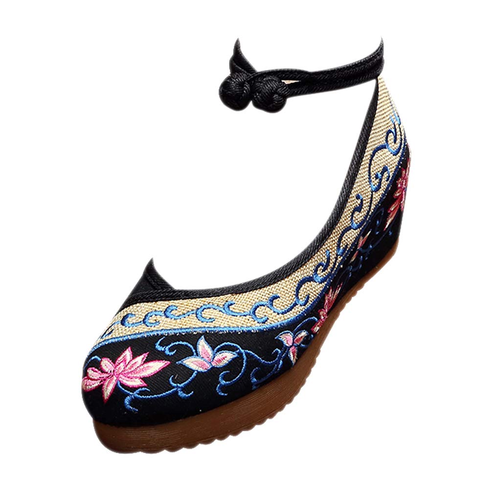 DAZISEN Women's Embroidered Lotus Flats - Slip-On Buckle Shoes with Non-Slip Sole | Comfortable Casual & Wedding Occasion Wear
