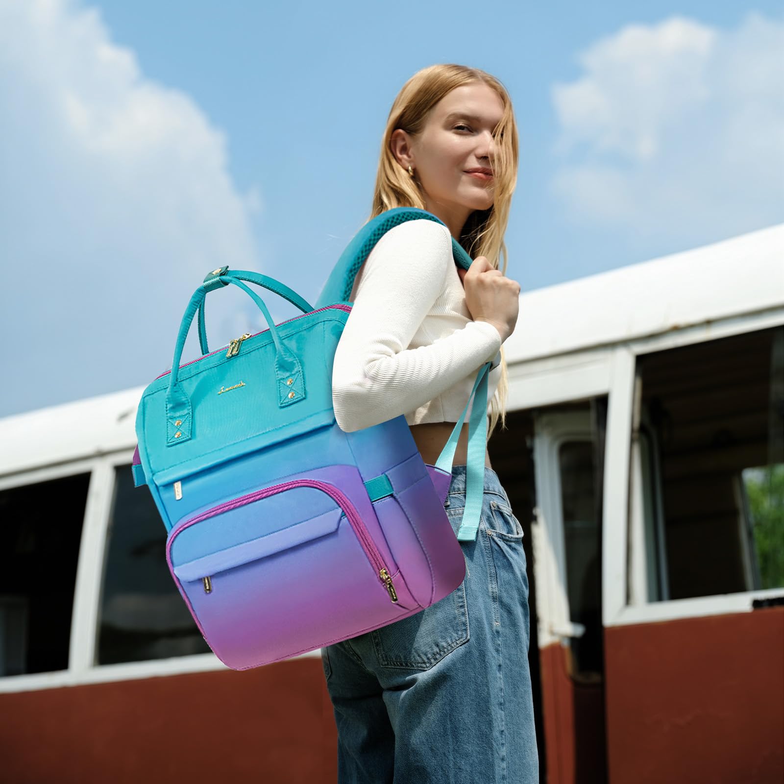 LOVEVOOK Gradient Laptop Backpack for Women - 15.6 Inch Anti-Theft Waterproof Work Computer Bag, Stylish College Teacher Travel Backpack in Green-Red, Perfect for Commuting, School, and Business Trips