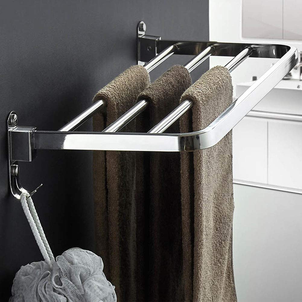 Sturdy Wall Mounted Single Layer 90 Degree Folding Towel Rack with 3 Hooks & Storage Shelf - 50Cm Bathroom Organizer for Towels, Robes & Accessories - Perfect for Small Spaces, Apartments & Modern Bathrooms