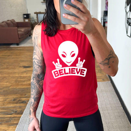 Alien Believe Muscle Tank Top for Women - Trendy Sleeveless Workout Shirt for Gym, Running & Yoga - Comfortable & Breathable Athletic Wear