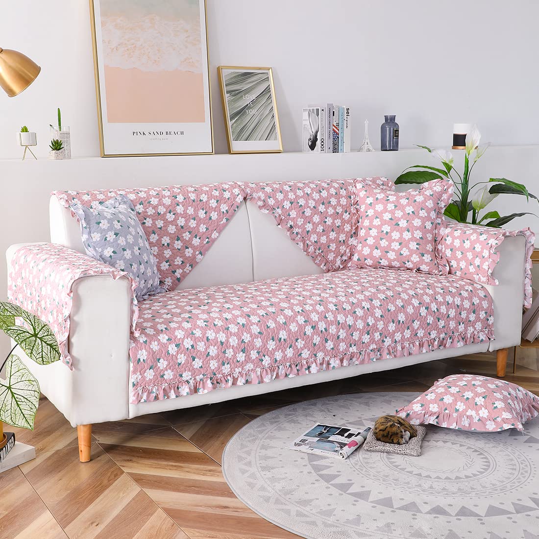 Boho Floral Printed Cotton Sofa Covers with Ruffles - Non-Slip Sectional Couch Cover, Super Soft & Comfy Furniture Protector for Living Room (Pink, 28