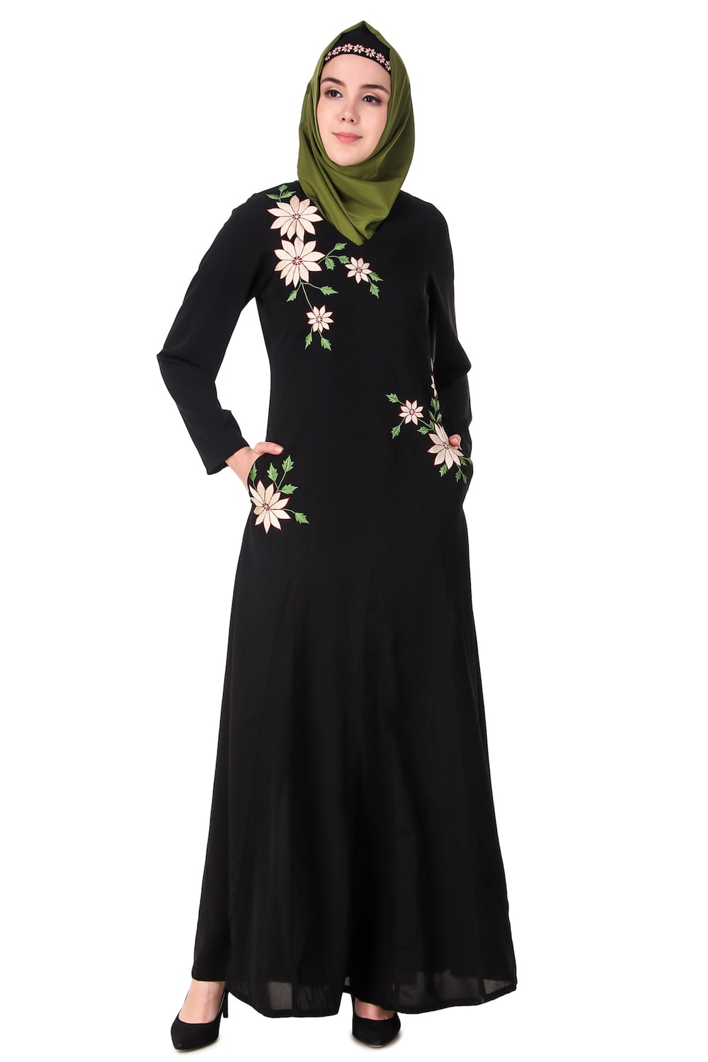 Elegant Floral Embroidered Nida Flared Abaya Dress for Women - Perfect for Eid, Ramadan, and Special Occasions