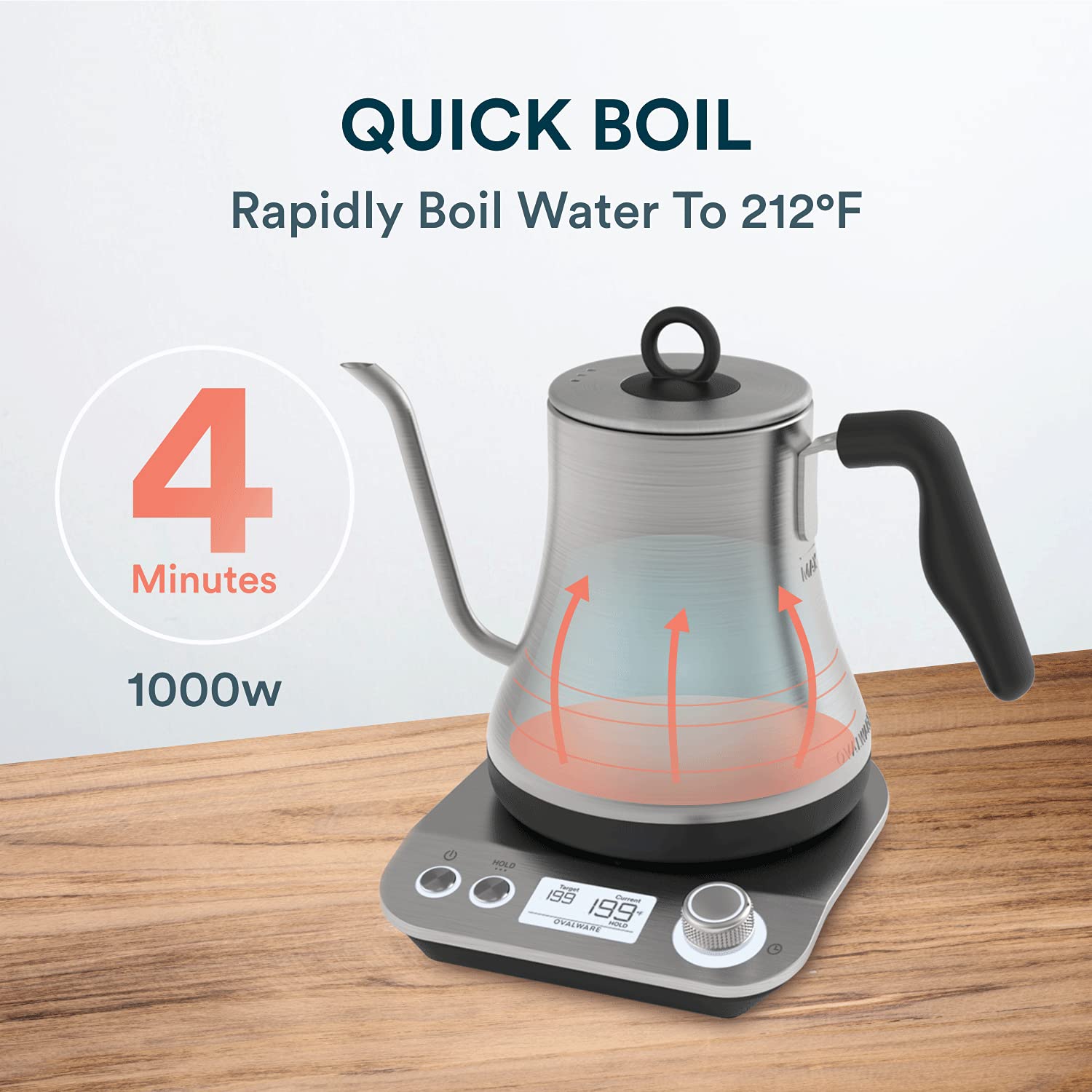 OVALWARE 0.8L Electric Gooseneck Kettle with Variable Temperature Control - Fast Boiling Stainless Steel Water Kettle with Auto Shutoff - Perfect for Pour Over Coffee, Tea Brewing & Home Kitchen Use