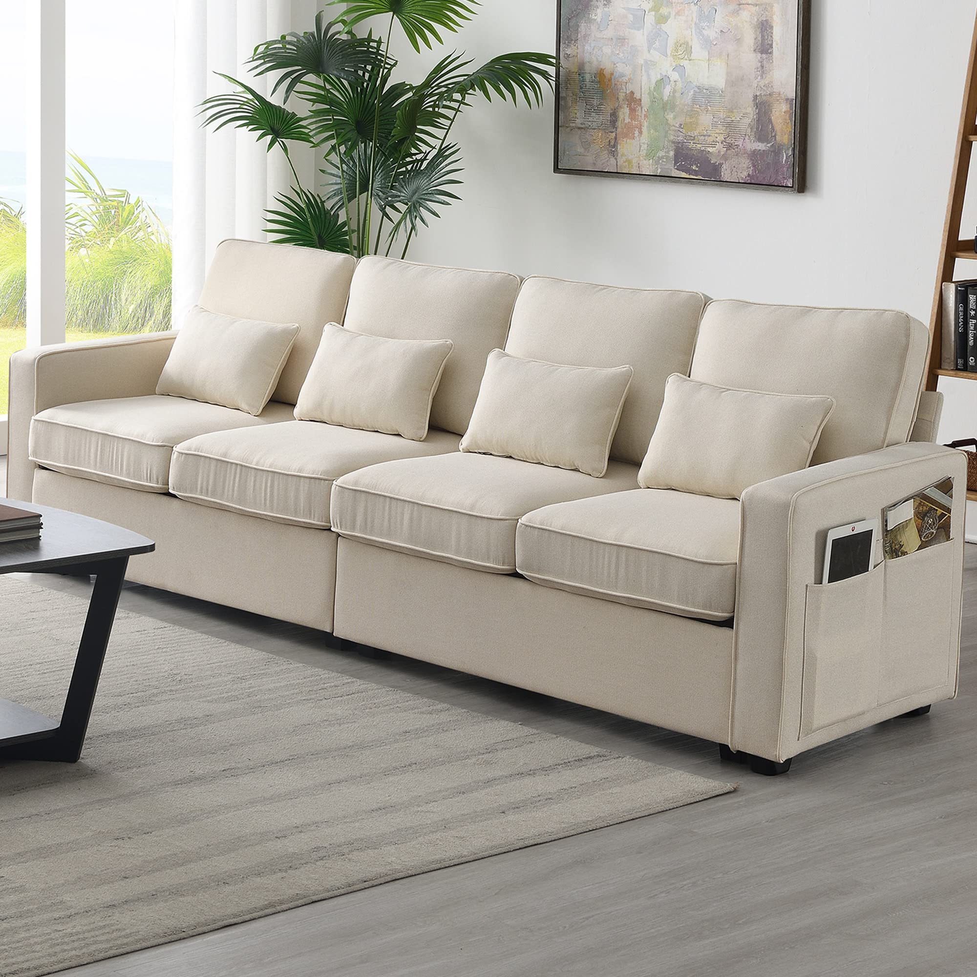 Modern 4-Seater Linen Fabric Sofa with Armrest Pockets & 4 Pillows - Minimalist Upholstered Couch for Living Room, Apartment, Office (Beige) | Perfect for Small Spaces, Family Gatherings & Cozy Home Decor