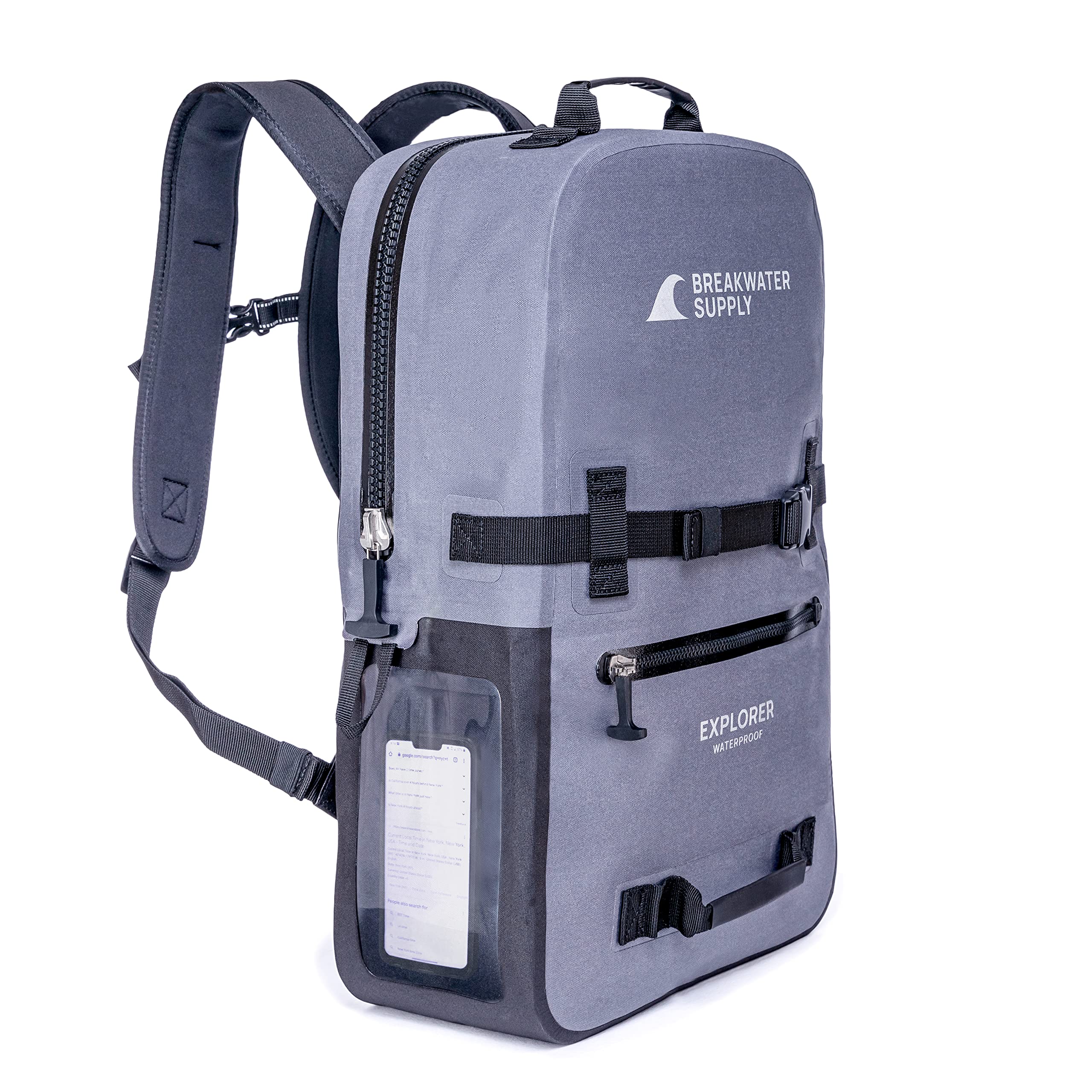 Breakwater Supply™ 25L Waterproof Backpack - Floating Dry Bag for 16-Inch Laptop & Phone Storage | Unisex Travel, Work & Outdoor Gear (Hiking, Fishing, Boating) | Non-Rolltop Design in Cascade Gray | Perfect for Commuting, Camping & Water Sports