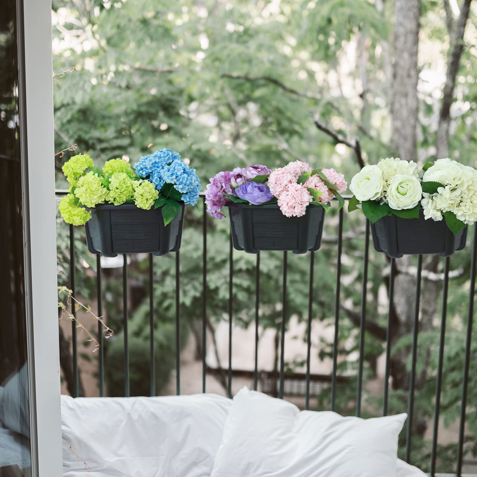 3 Pack 9.84” Black Plastic Hanging Flower Pots for Balcony, Fence & Railing - Outdoor/Indoor Wall Planters for Window Box Garden Decor - Perfect for Summer Flowers, Herbs & Succulents