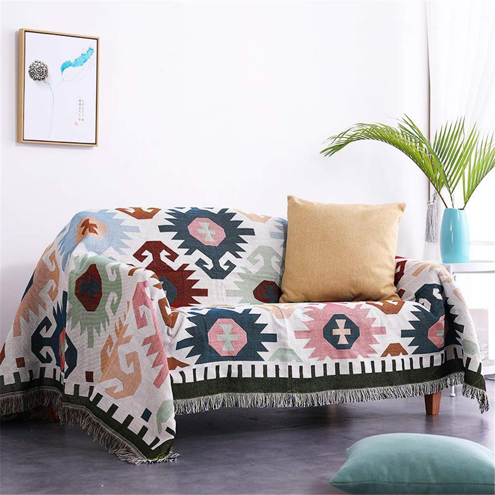 Boho Blanket - Soft Knit Tassel Throw Blanket for Sofa, Couch & Bed, Dustproof Cover with Geometric Design (180x230cm) - Perfect for Living Room, Bedroom & Outdoor Picnics