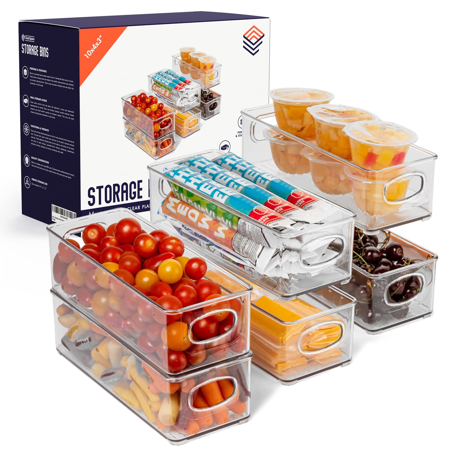 ClearSpace Plastic Pantry & Fridge Organizer Bins – 6 Pack for Kitchen Storage, Food Organization, and Decluttering – Perfect for Pantry Shelves, Refrigerator, and Cabinet Organization