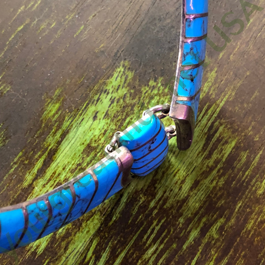 Vintage Sterling Silver & Turquoise Inlay Collar Necklace from Taxco Mexico | Handmade Southwest Jewelry for Women | Perfect for Boho, Western & Festival Fashion