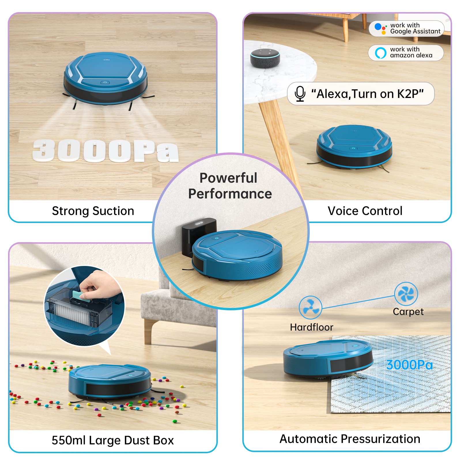 OKP K2-Pro Robot Vacuum Cleaner with WiFi/App/Alexa Control, Smart Mapping & Auto Charging - Powerful Suction for Pet Hair, Carpets & Hard Floors - Ultra Quiet Cleaning for Home, Office & Apartment Use