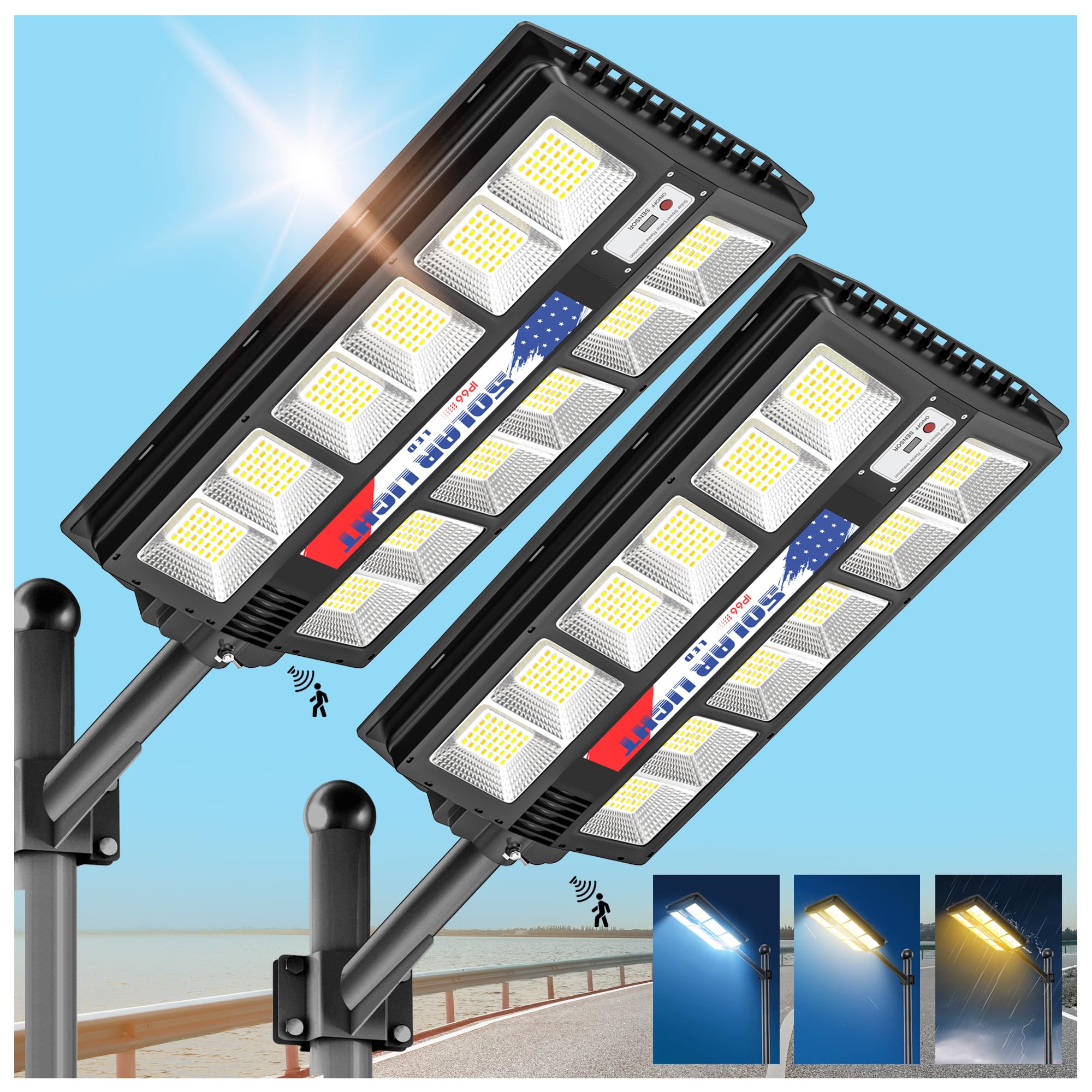 3800W Solar Street Lights Outdoor Waterproof - Wide Angle Solar Powered Parking Lot Lights with Dusk to Dawn & Motion Sensor for Yard, Garden, Pathway (2 Pack) - Energy Efficient Outdoor Lighting Solution