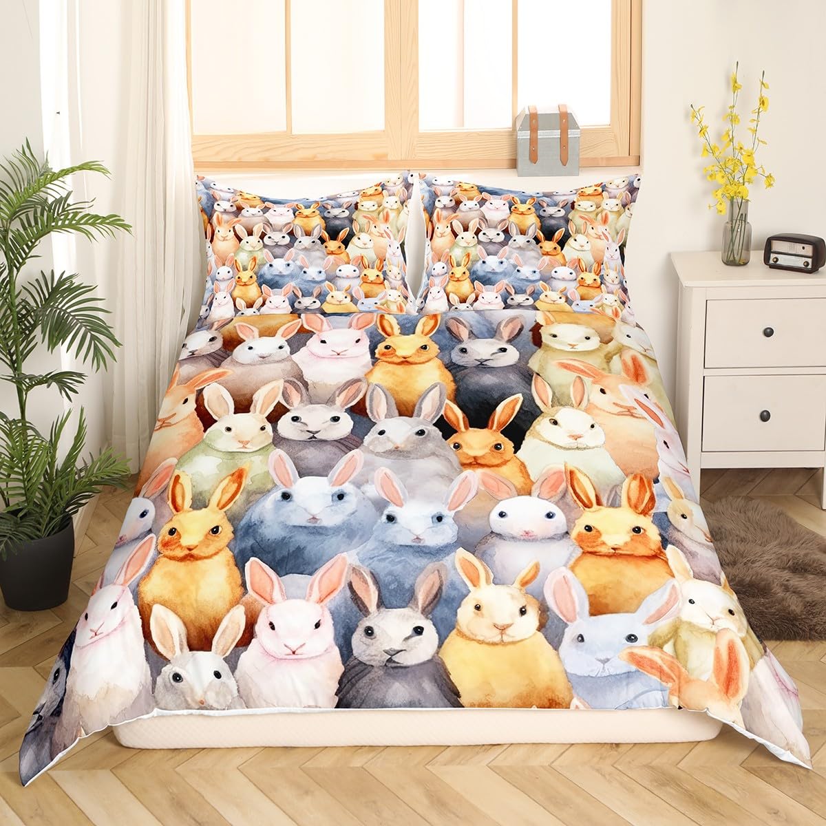 Feelyou Kids Cartoon Rabbit Duvet Cover Set - Cute Bunnies Design Twin Size Bedding for Boys & Girls (2PCS, Yellow & Black) with 1 Pillowcase | Kawaii Animal Comforter Cover for Nursery, Bedroom & Sleepovers