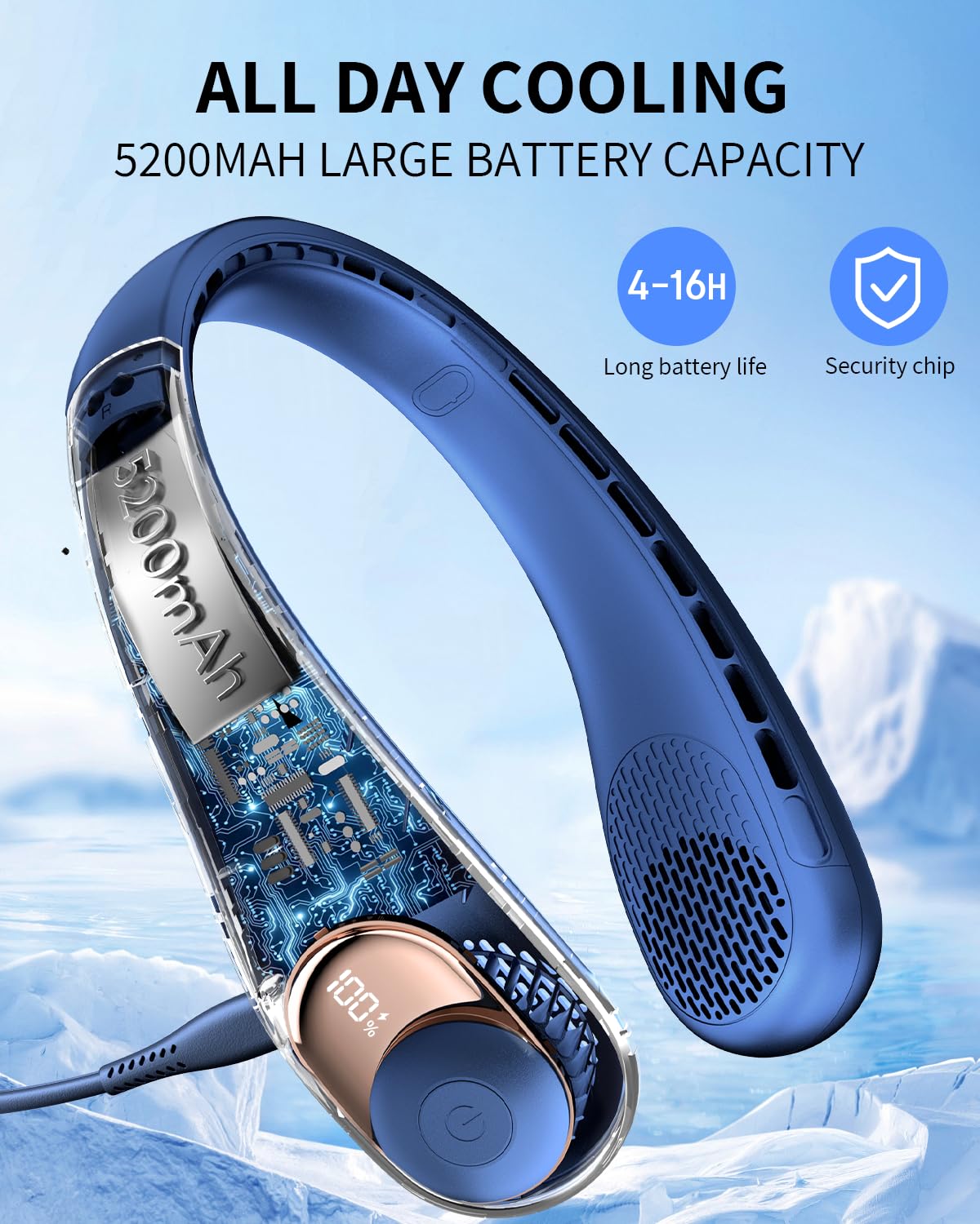 Portable Neck Fan with LED Indicator - USB-C Rechargeable 5200mAh Battery, 3-Speed Adjustable Hands-Free Bladeless Cooling Fan - Ultra Quiet Personal Fan for Home, Office, Gym, Travel, Hiking & Outdoor Activities