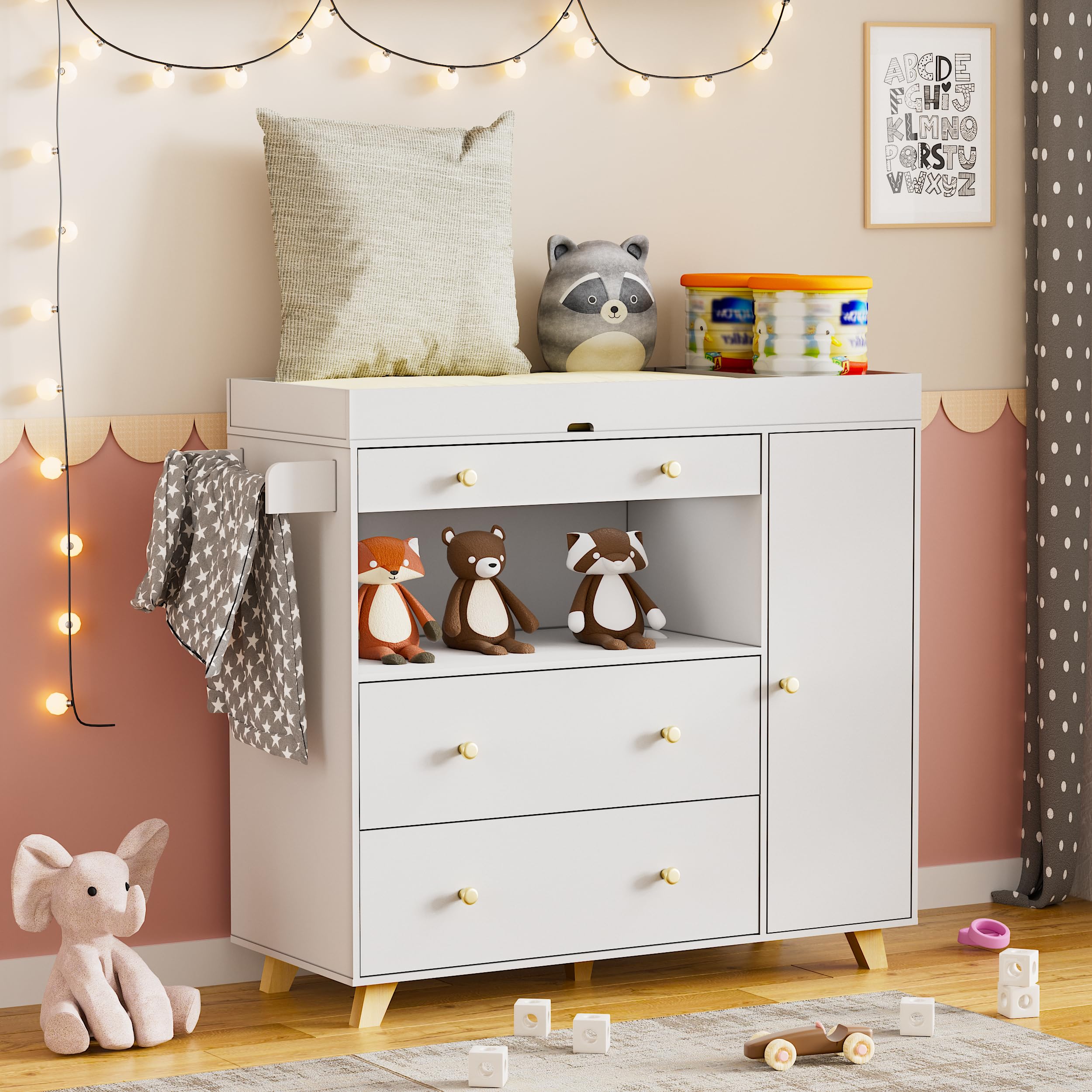 Modern White Changing Table Dresser with 3 Drawers & Wide Table Top - Nursery Baby Diaper Station, Perfect for Newborn Care & Toddler Organization