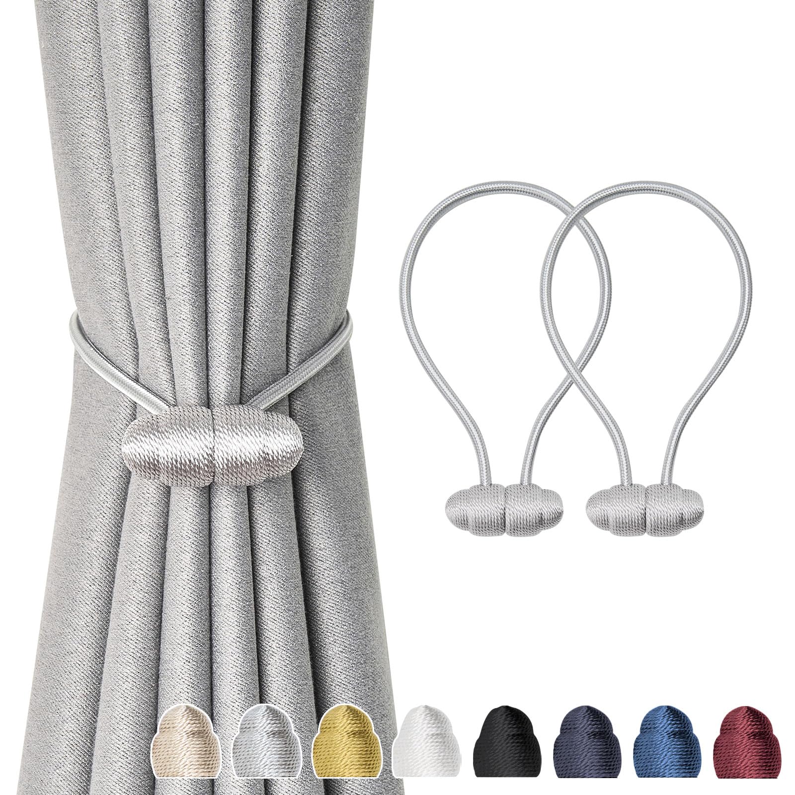2 Pack Strong Magnetic Curtain Tiebacks - 16 Inch Handwoven Rope Holdbacks for Windows - Modern Elegant Drape Holders for Home & Outdoor Decor (Grey) | Perfect for Living Room, Bedroom, and Patio Window Treatments