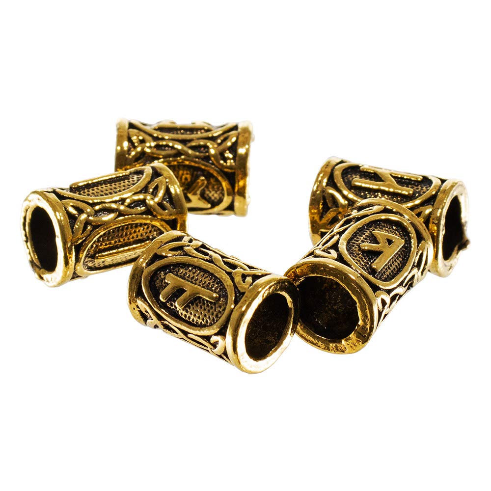 Viking Runes Metal Beads for Jewelry Making - Paracord Beads for Hair & Beard Accessories - Norse Style Charms (Gold, 10 Pack) - Perfect for DIY Bracelets, Necklaces & Viking Cosplay
