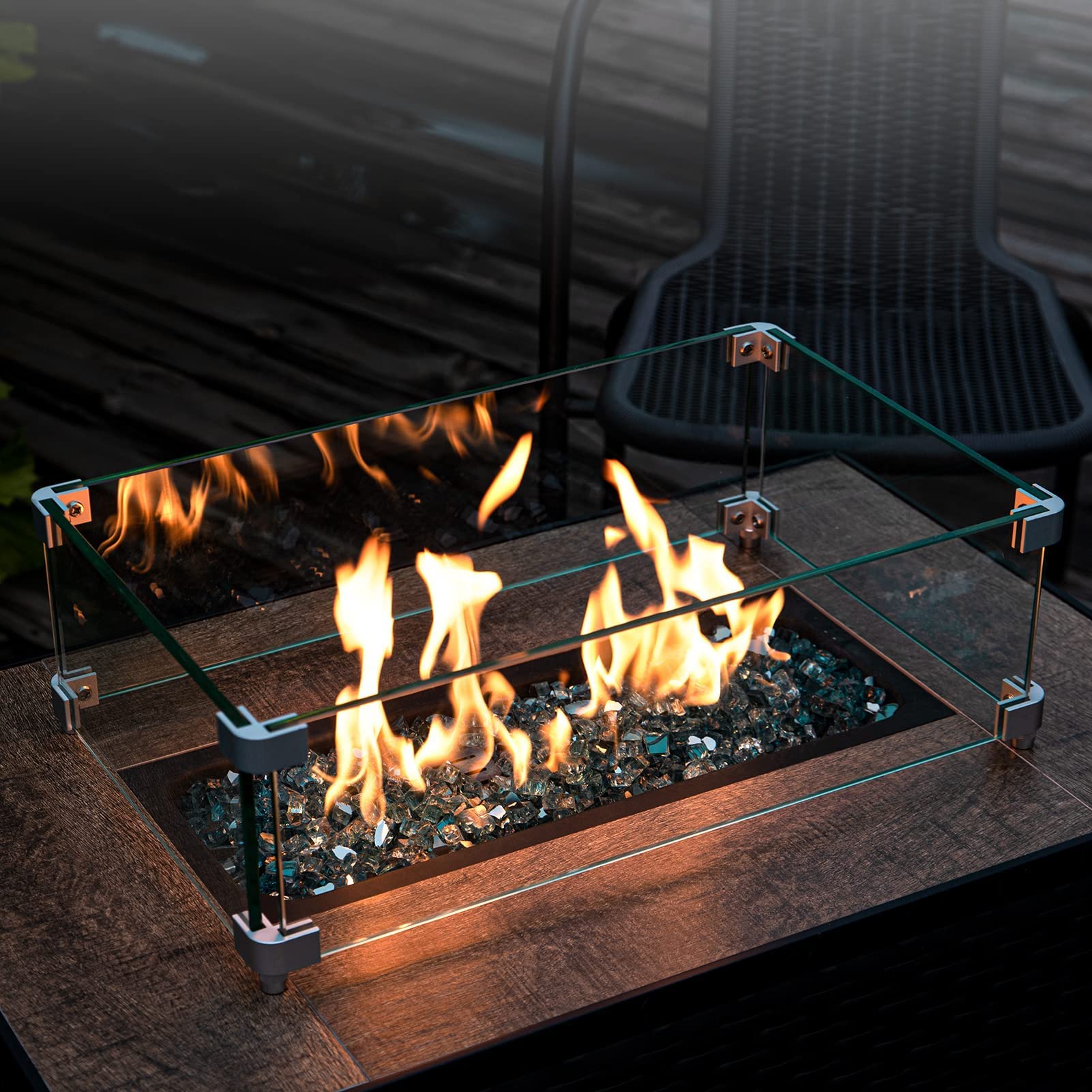 GASPRO 29 x 13 x 6 Inch Fire Pit Wind Guard with 10LB Reflective Caribbean Blue Fire Glass - Outdoor Patio, Backyard, Camping Fireplace Accessory