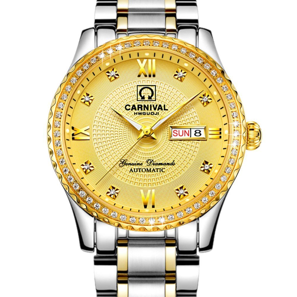 Gosasa Swiss Made Men's Luxury Gold Watch - Automatic Analog Display with Calendar, Week Indicator & Luminous Hands - 18K Gold Plated Stainless Steel Diamond Watch for Business, Formal Events & Gifts