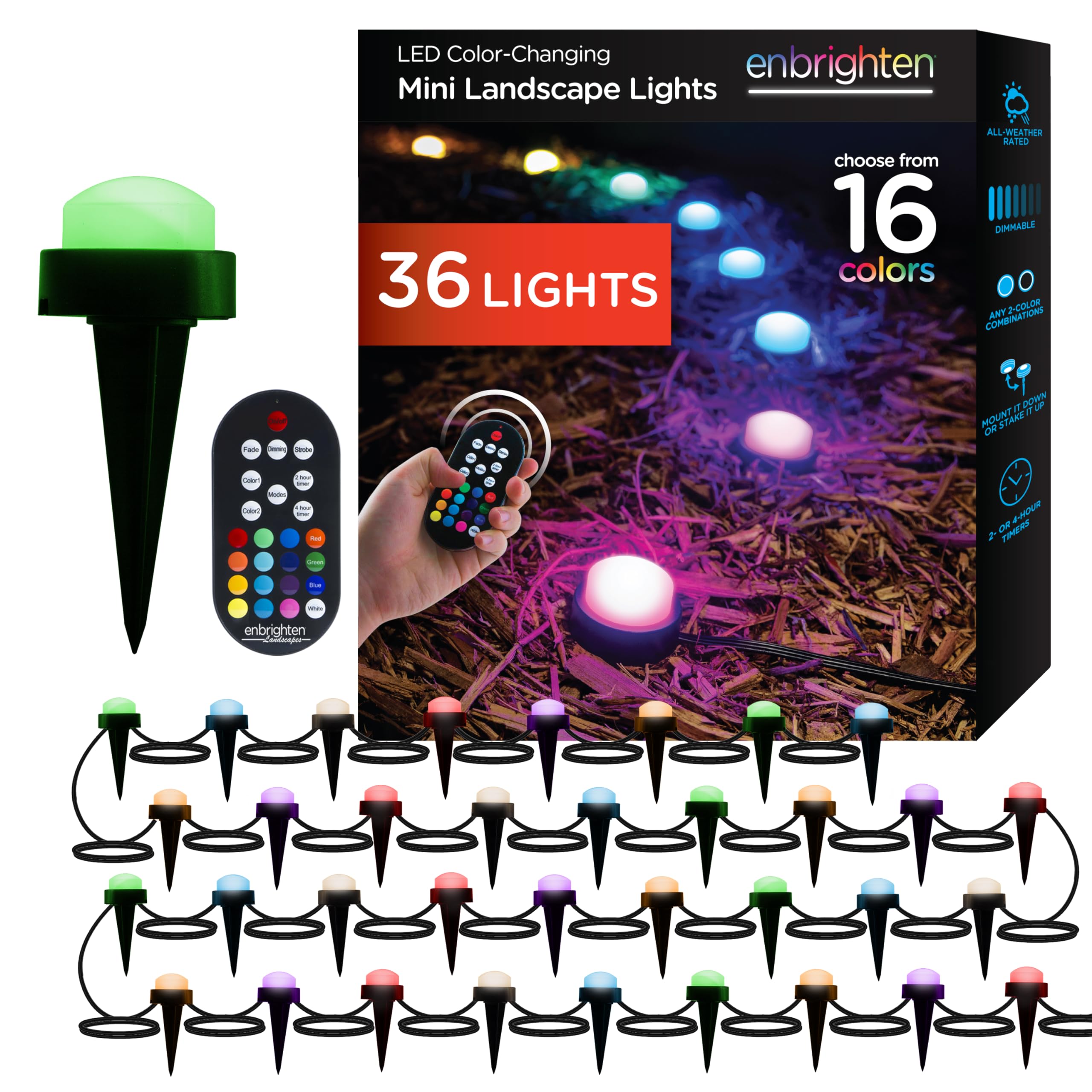 Enbrighten Premium LED Garden Lights - 36 Small Landscape Lights with 70ft Cord & 22ft Lead Wire, Color Changing Remote Control Outdoor Lighting for Pathways, Patios, Yards (Model 41657) | Perfect for Garden Decor, Landscape Accents & Backyard Ambience